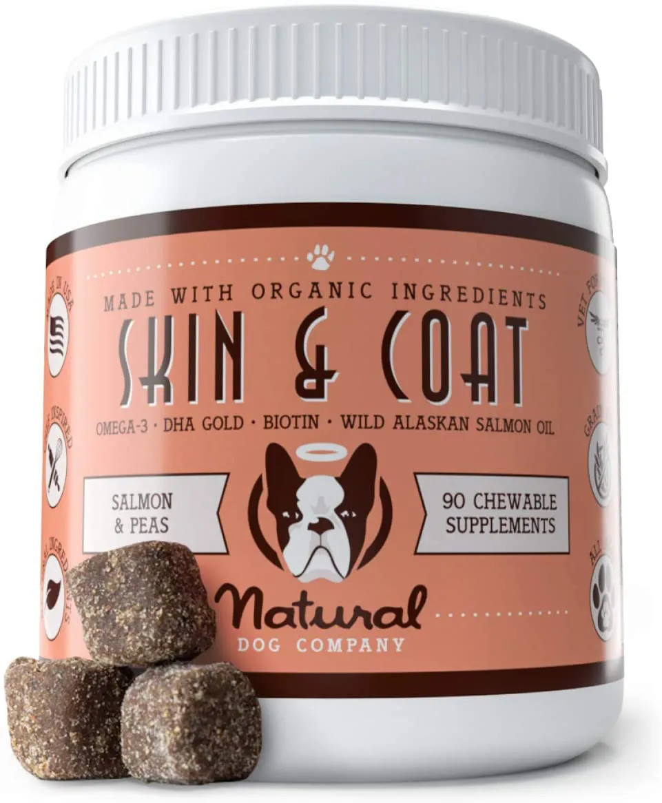 Natural Dog Company Skin & Coat Supplement Chews with Wild Alaskan Salmon Oil, Omega 3 & 6, EPA & DHA, Promotes Healthy Skin and Coat, Salmon & Peas Flavor, 90 Count