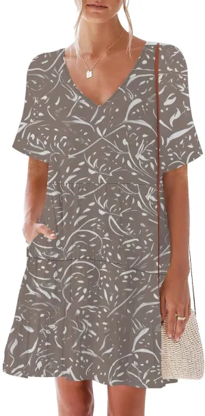 nclook Womens Summer Casual Dress Plus Size V-Neck Ruffle Sleeve Mini Dress with Pocket