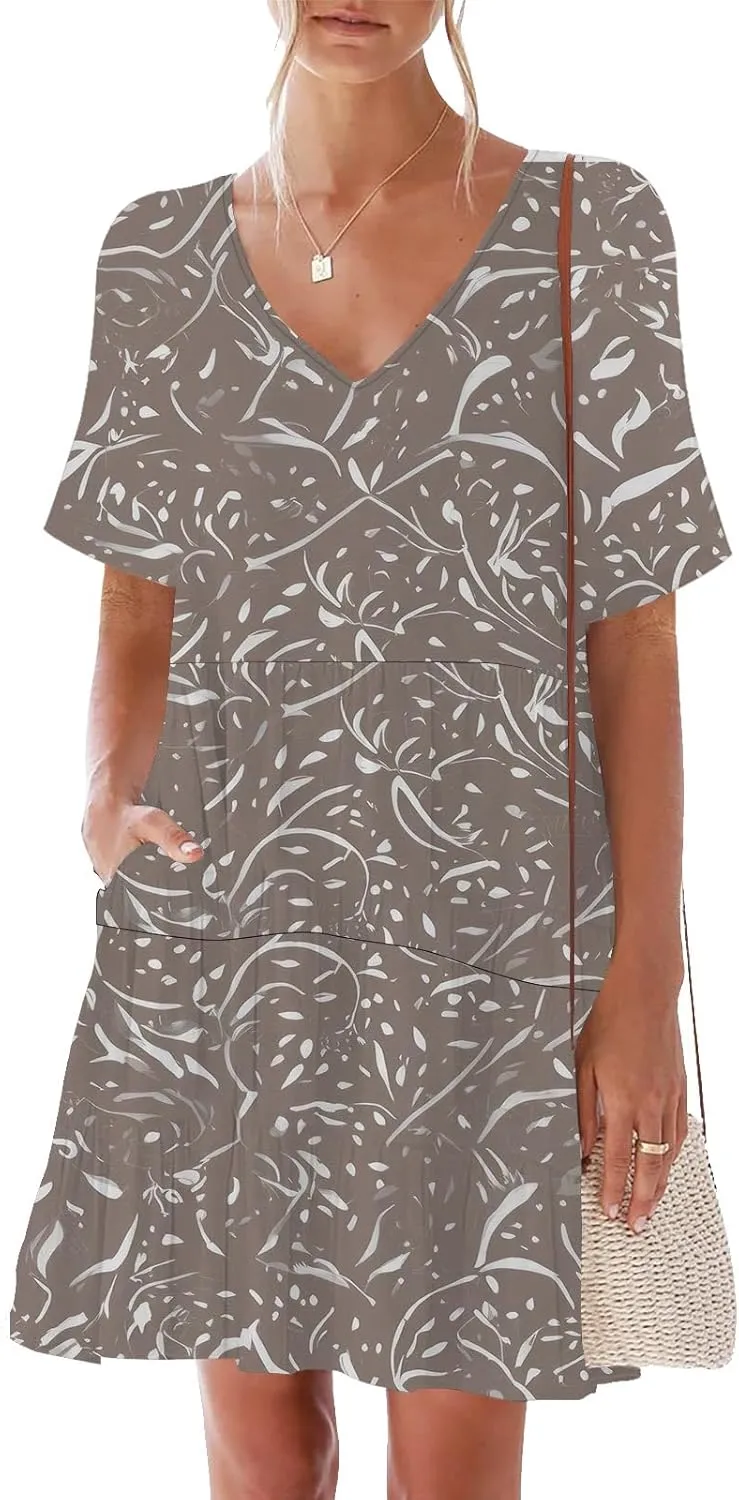 nclook Womens Summer Casual Dress Plus Size V-Neck Ruffle Sleeve Mini Dress with Pocket