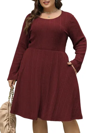 Nemidor Womens Plus Size Scooped Neck Long Sleeve Ribbed Midi Swing Dress with Pocket NEM543