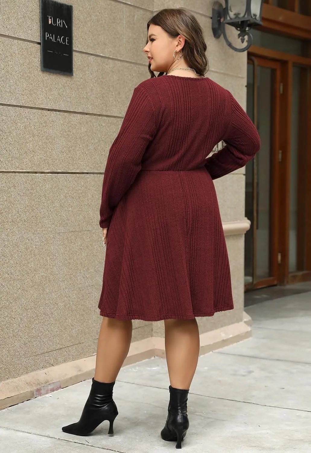 Nemidor Womens Plus Size Scooped Neck Long Sleeve Ribbed Midi Swing Dress with Pocket NEM543