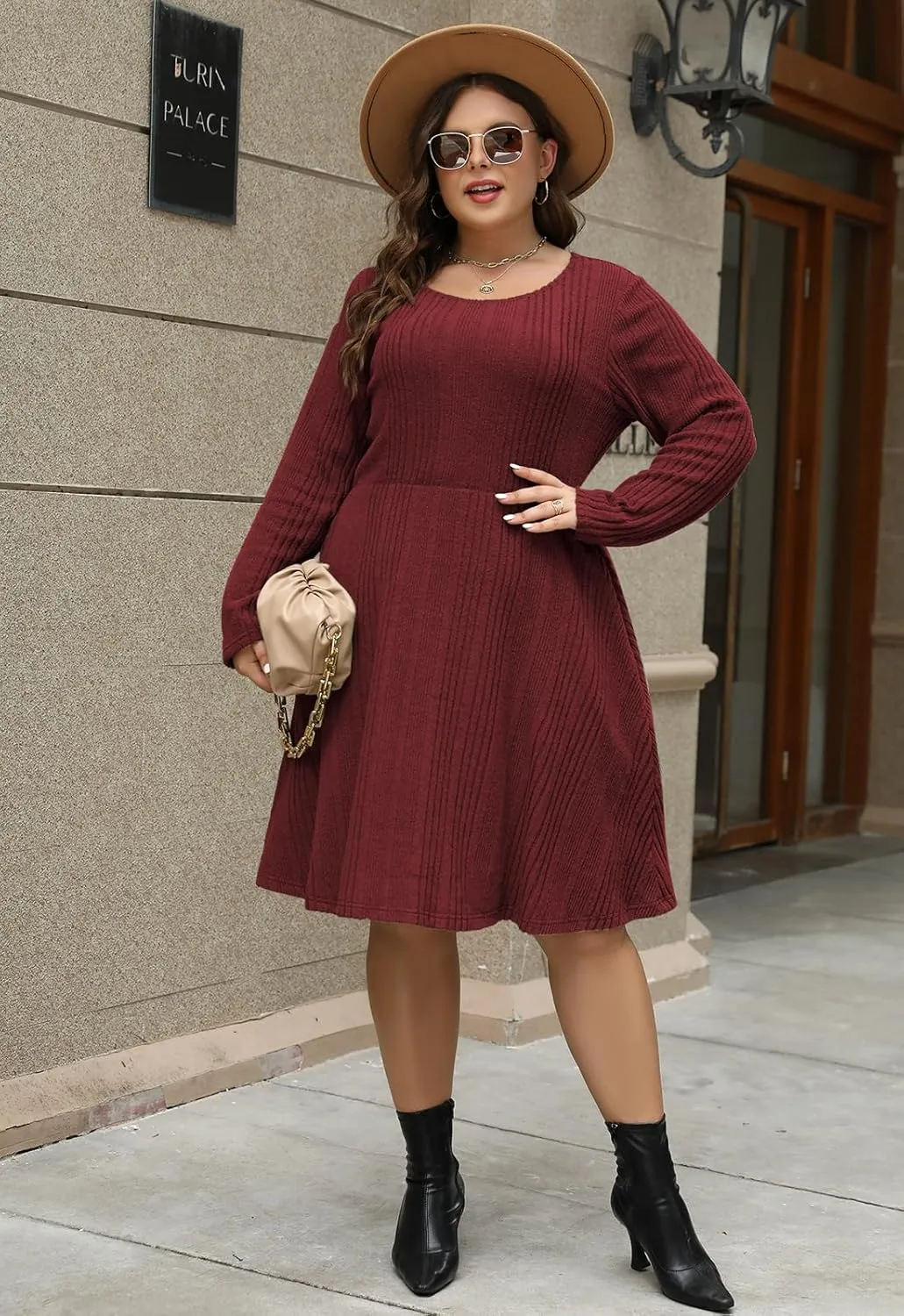 Nemidor Womens Plus Size Scooped Neck Long Sleeve Ribbed Midi Swing Dress with Pocket NEM543