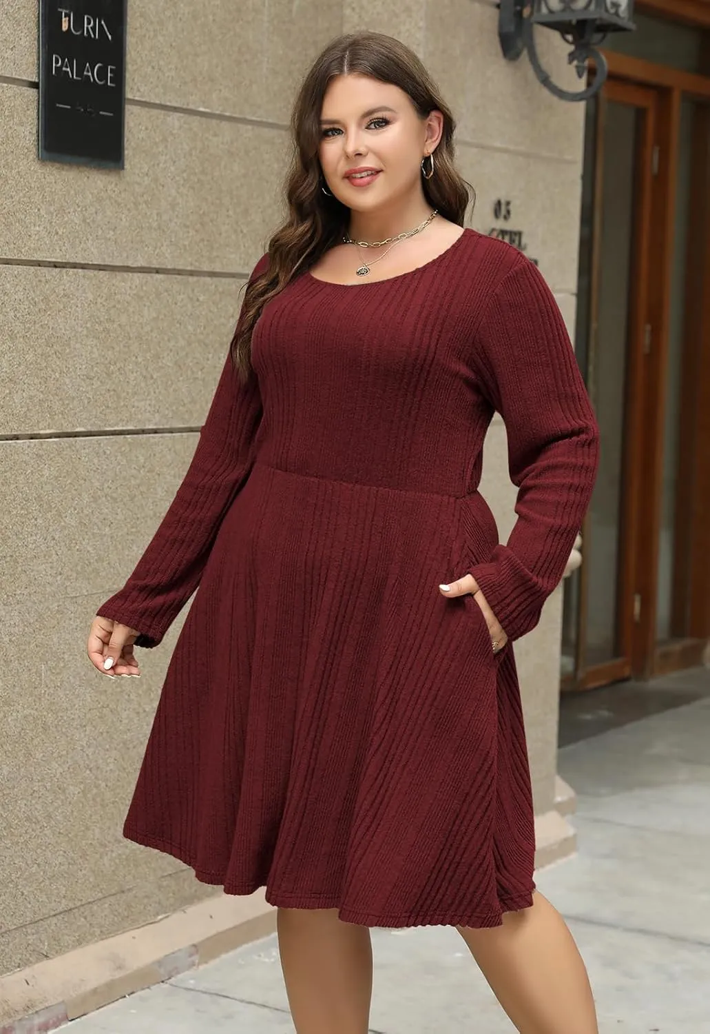 Nemidor Womens Plus Size Scooped Neck Long Sleeve Ribbed Midi Swing Dress with Pocket NEM543