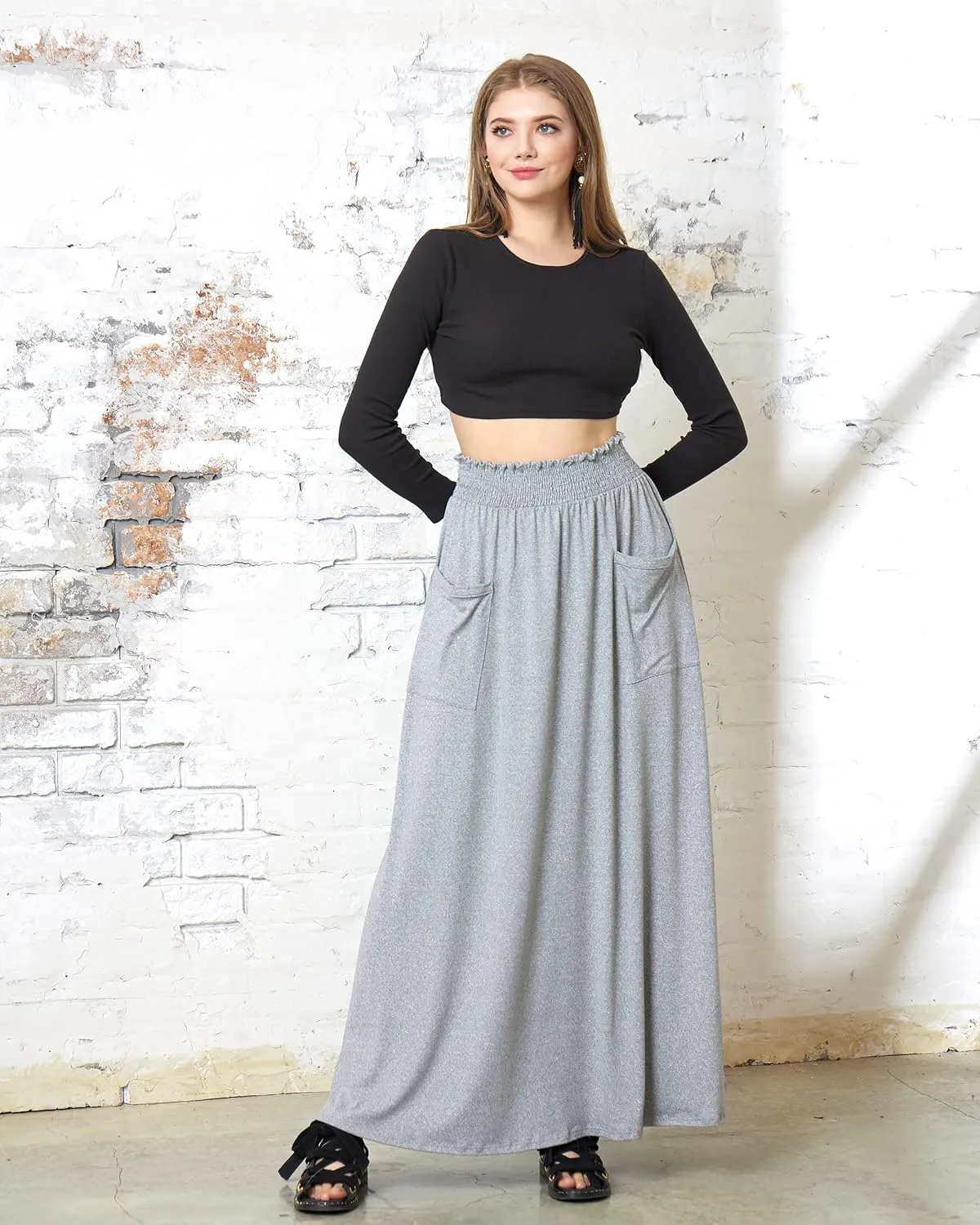 noflik Women's Elastic High Waisted Boho Long Maxi Skirts with Side Slits and Pockets