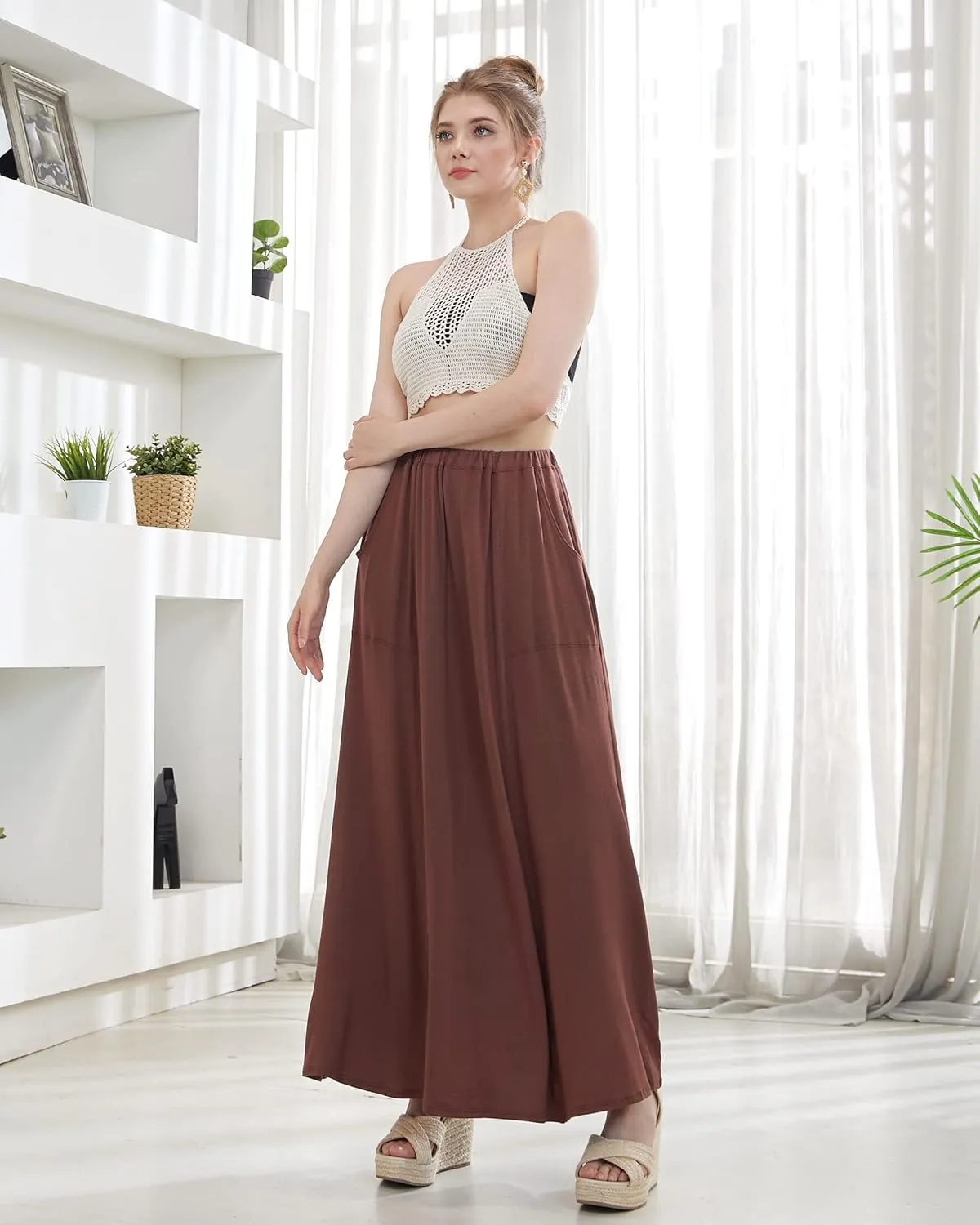noflik Women's Elastic High Waisted Boho Long Maxi Skirts with Side Slits and Pockets