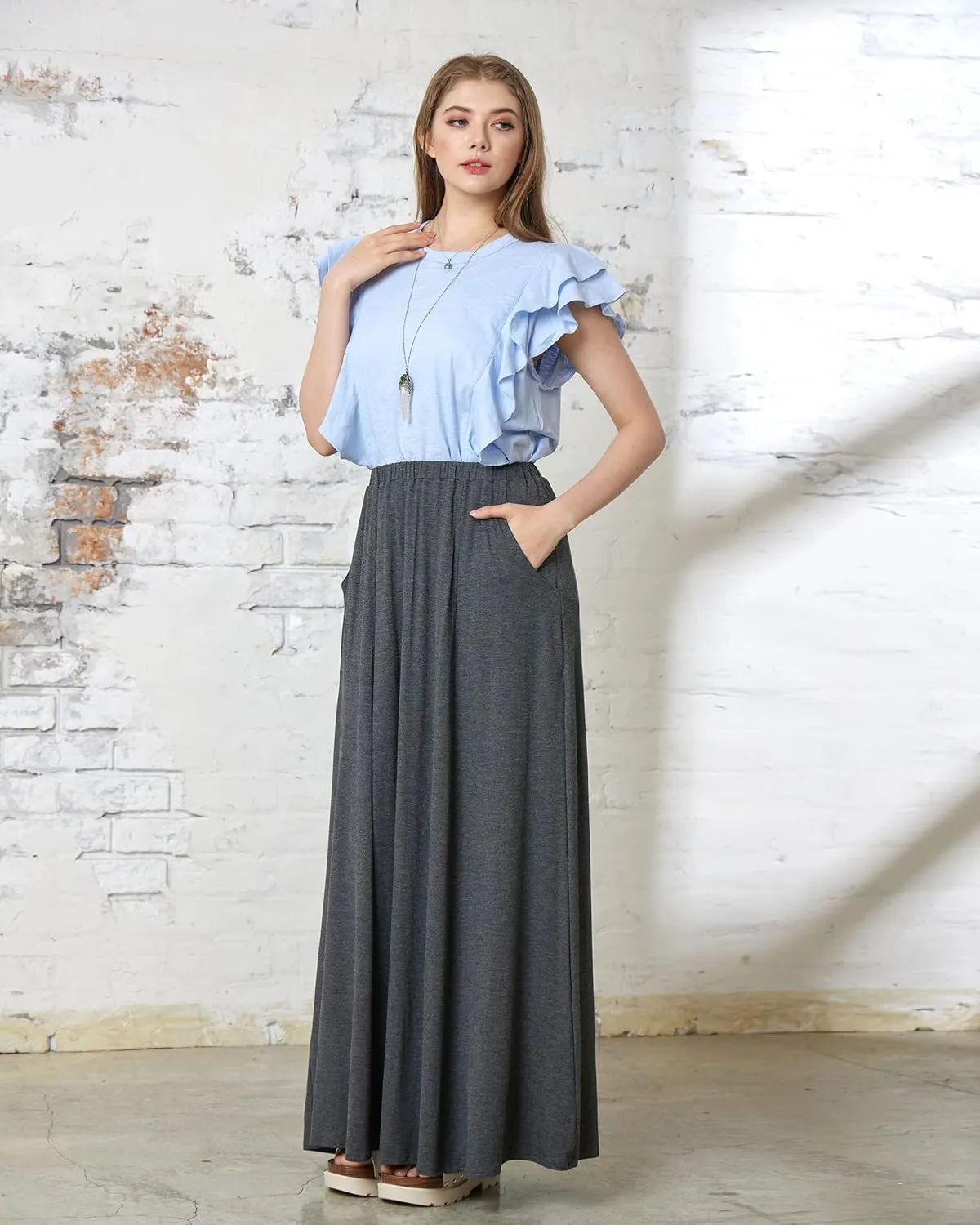 noflik Women's Elastic High Waisted Boho Long Maxi Skirts with Side Slits and Pockets