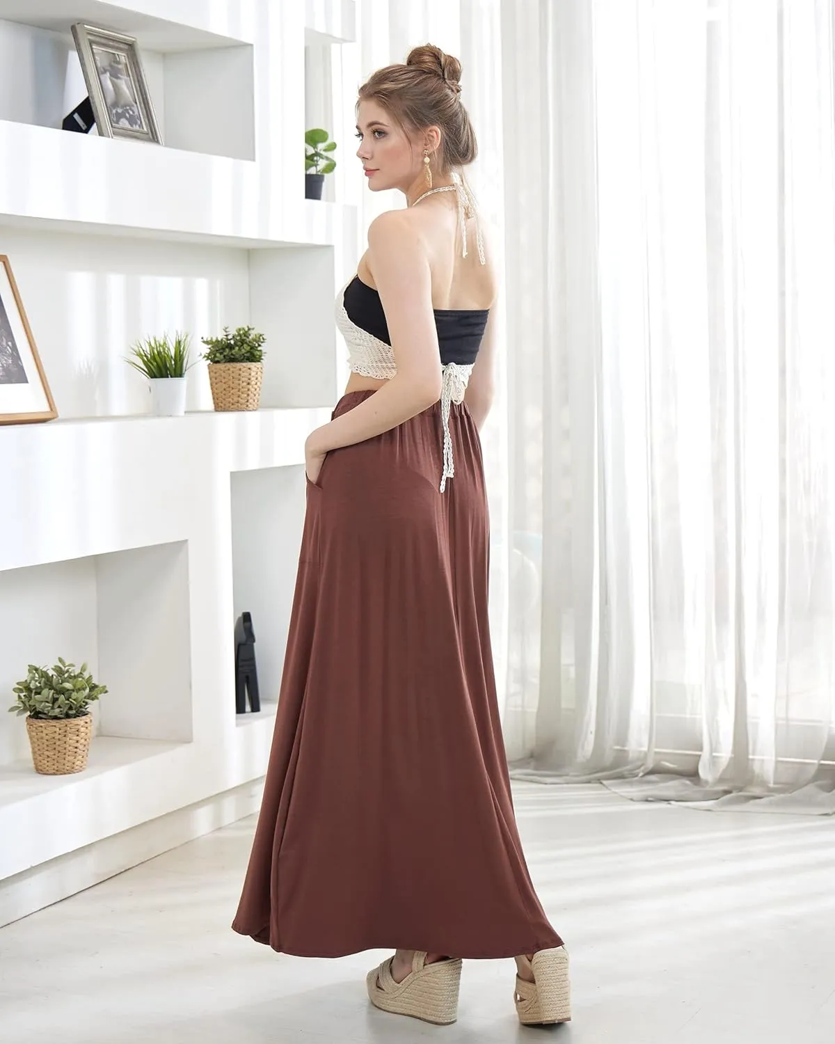 noflik Women's Elastic High Waisted Boho Long Maxi Skirts with Side Slits and Pockets
