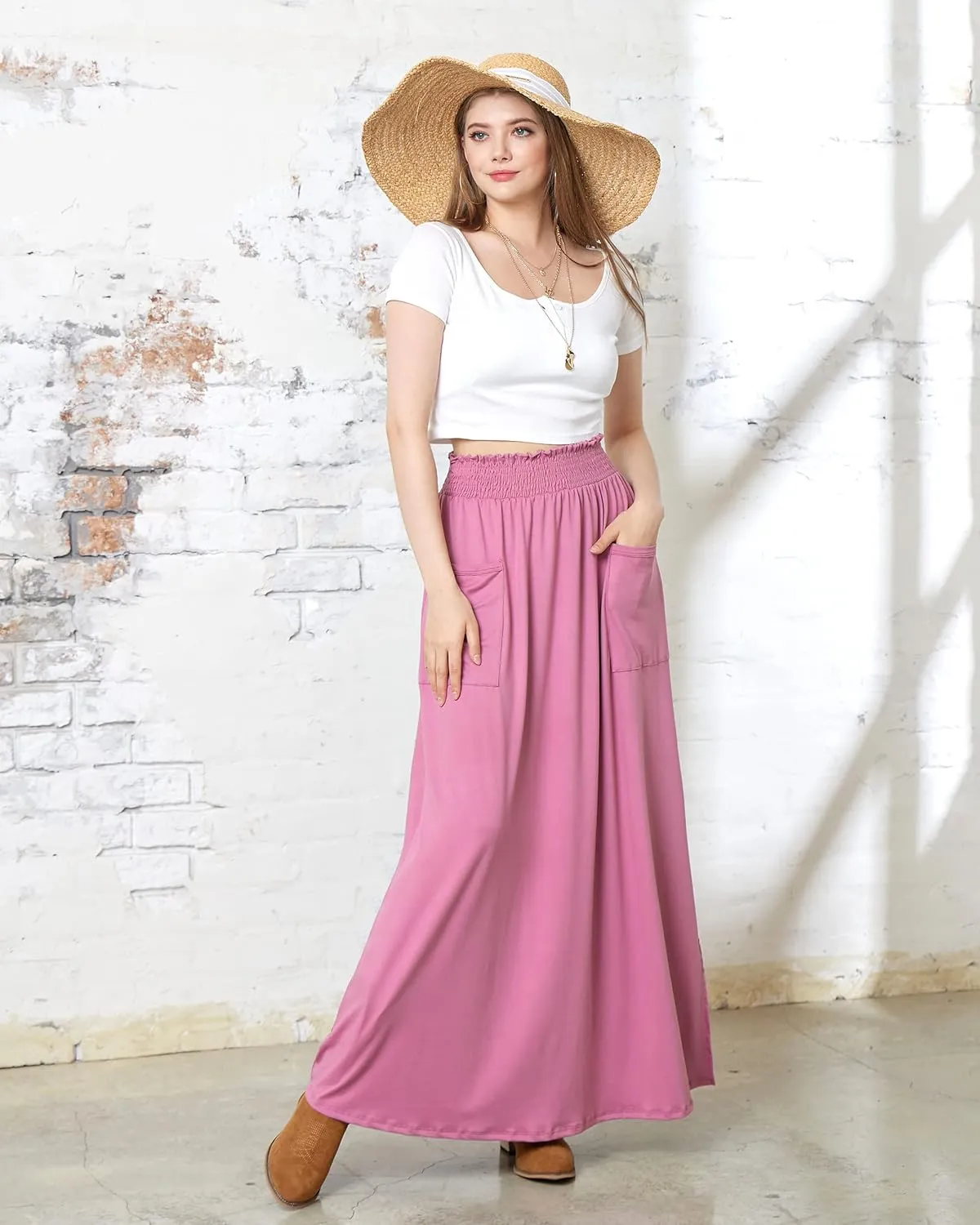 noflik Women's Elastic High Waisted Boho Long Maxi Skirts with Side Slits and Pockets