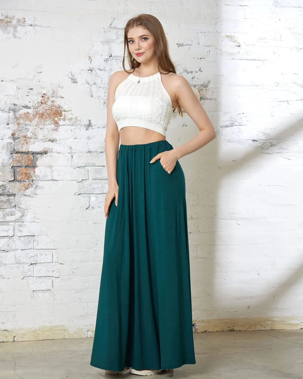 noflik Women's Elastic High Waisted Boho Long Maxi Skirts with Side Slits and Pockets