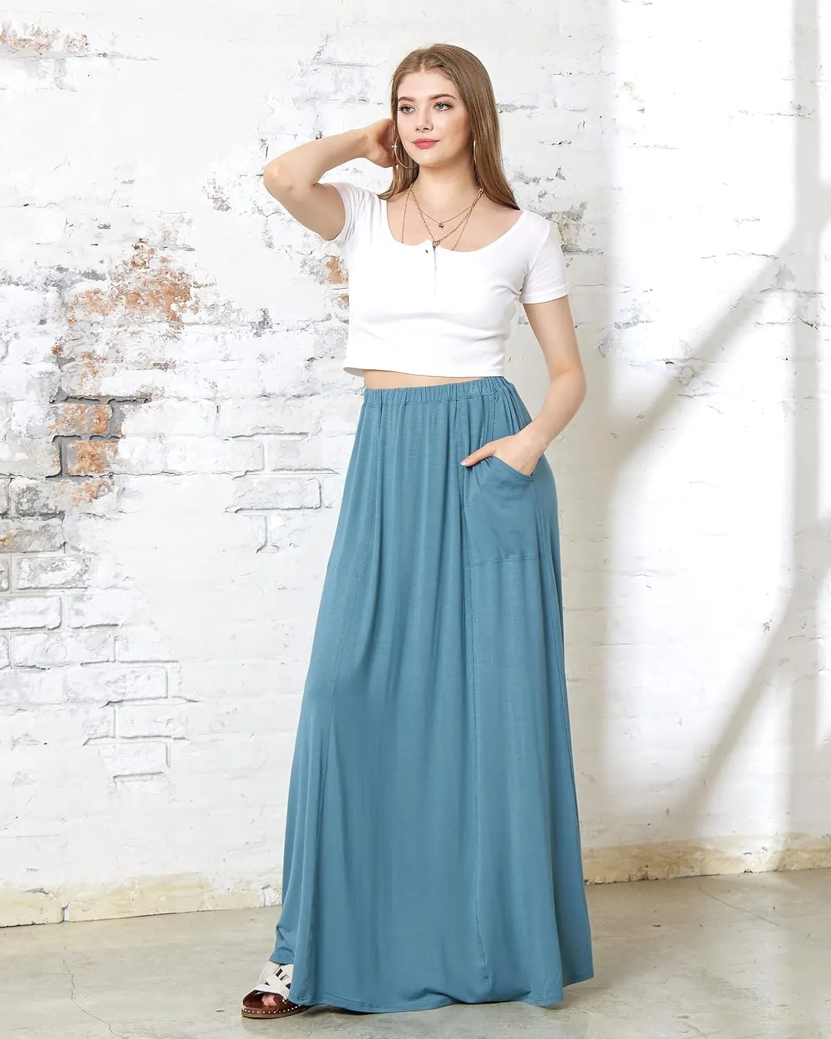 noflik Women's Elastic High Waisted Boho Long Maxi Skirts with Side Slits and Pockets