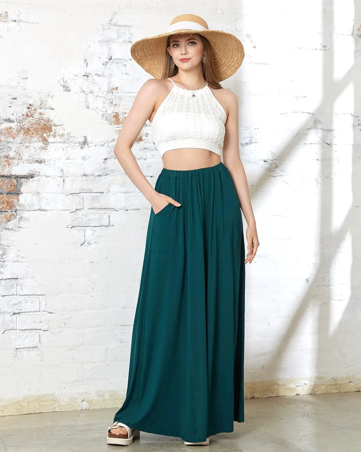 noflik Women's Elastic High Waisted Boho Long Maxi Skirts with Side Slits and Pockets
