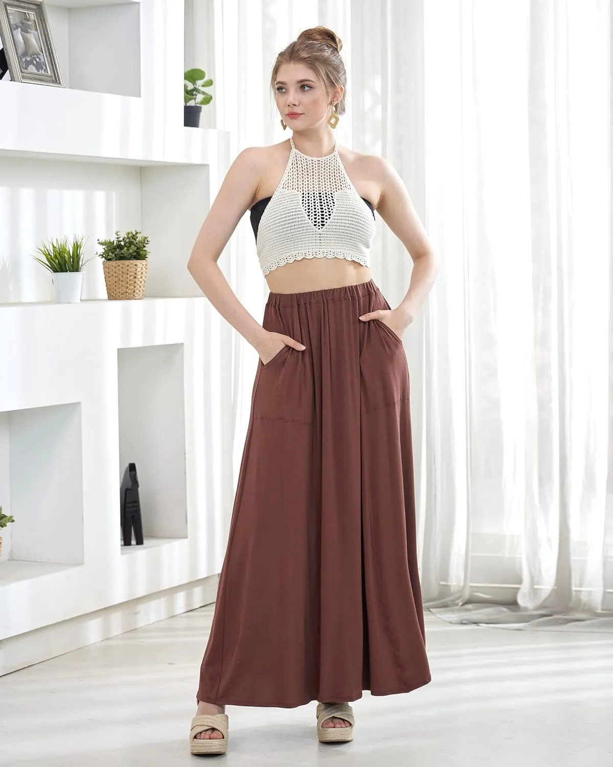 noflik Women's Elastic High Waisted Boho Long Maxi Skirts with Side Slits and Pockets