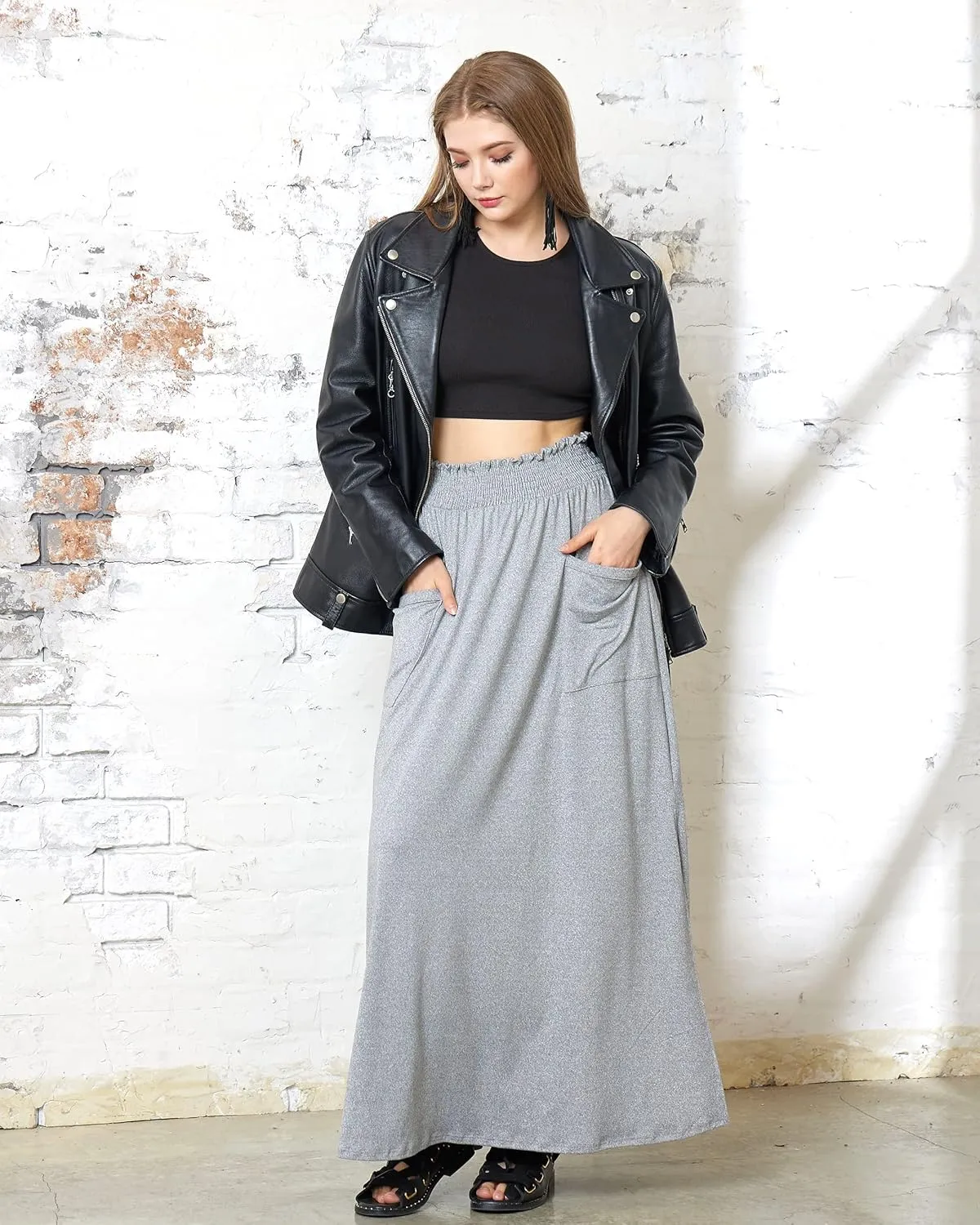 noflik Women's Elastic High Waisted Boho Long Maxi Skirts with Side Slits and Pockets