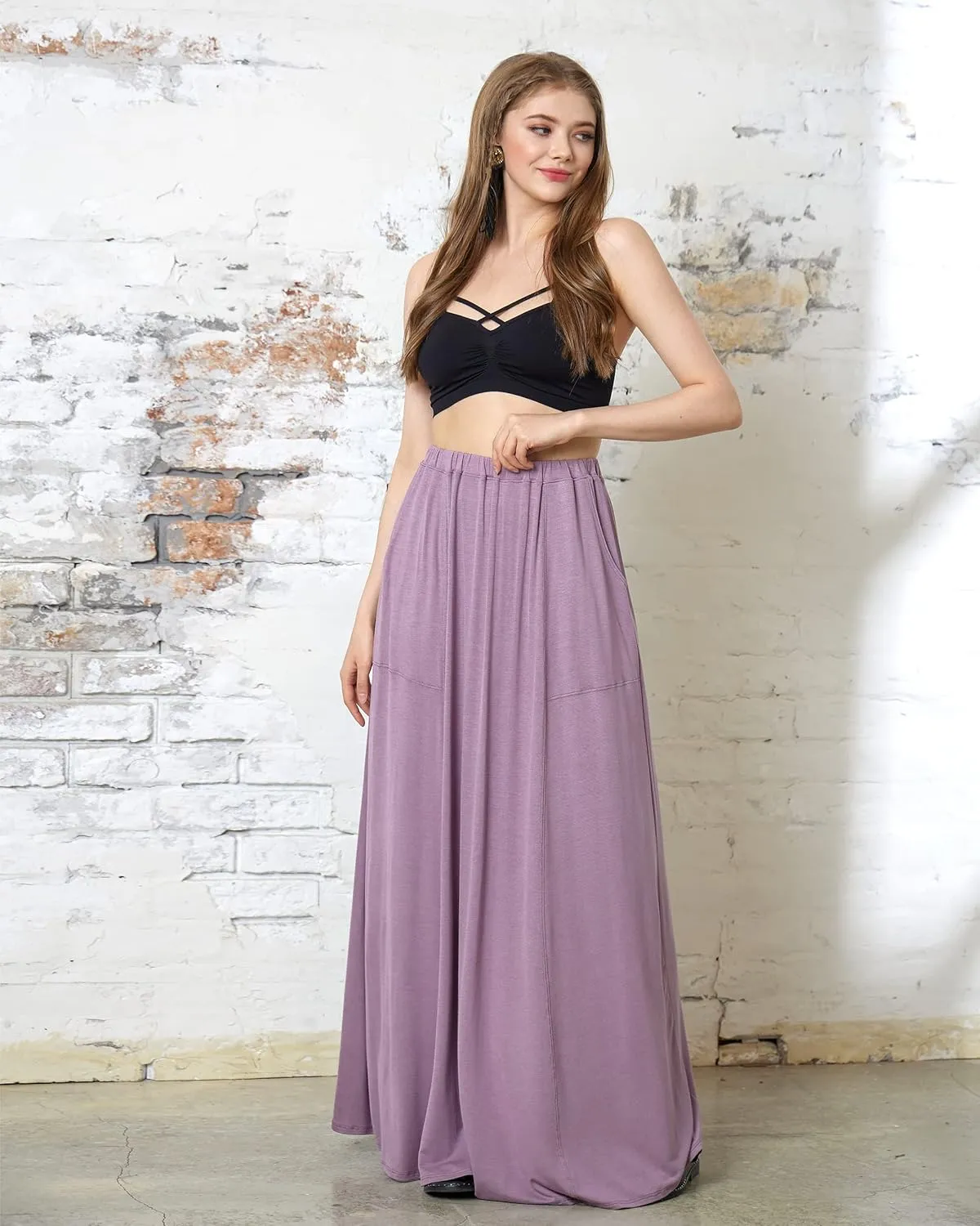 noflik Women's Elastic High Waisted Boho Long Maxi Skirts with Side Slits and Pockets