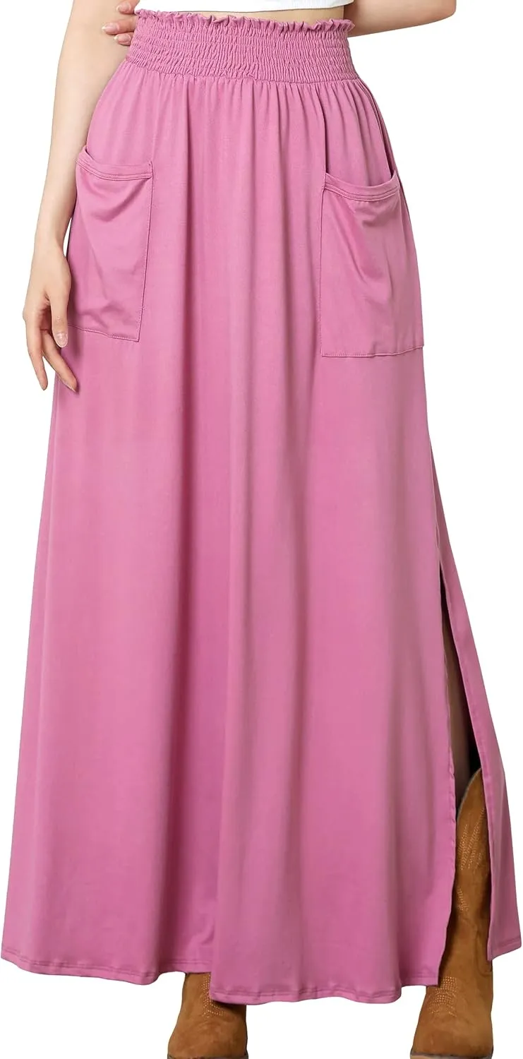noflik Women's Elastic High Waisted Boho Long Maxi Skirts with Side Slits and Pockets