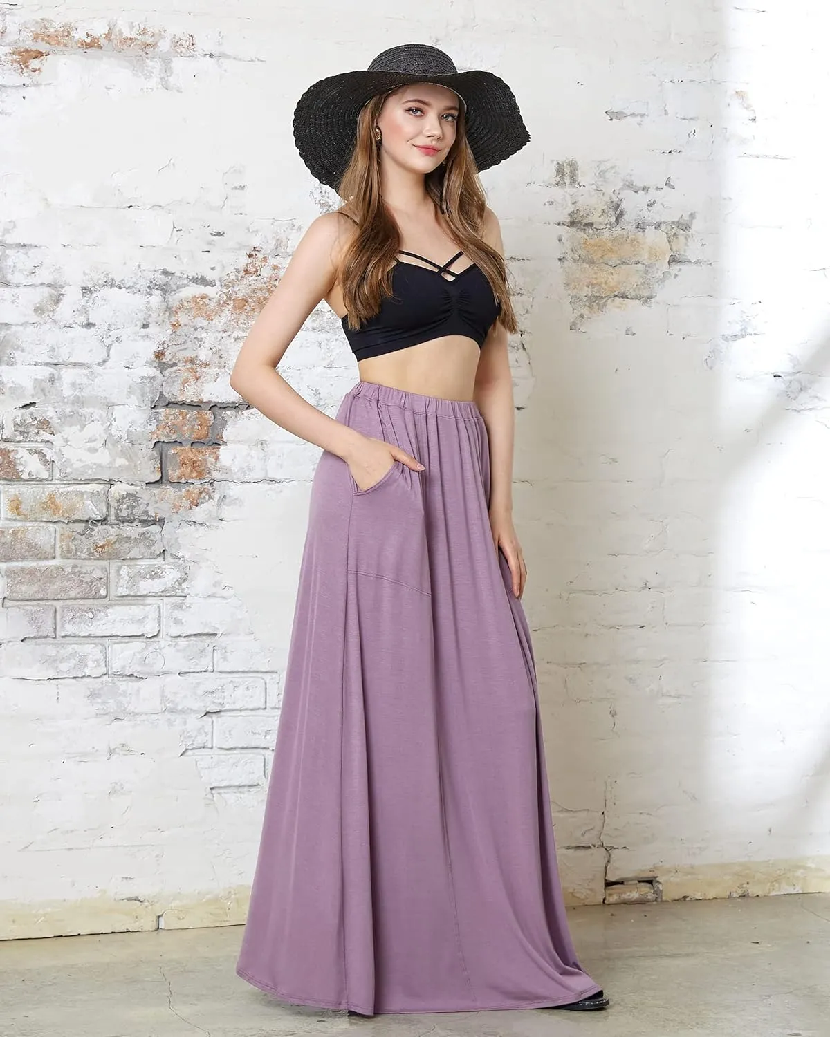 noflik Women's Elastic High Waisted Boho Long Maxi Skirts with Side Slits and Pockets