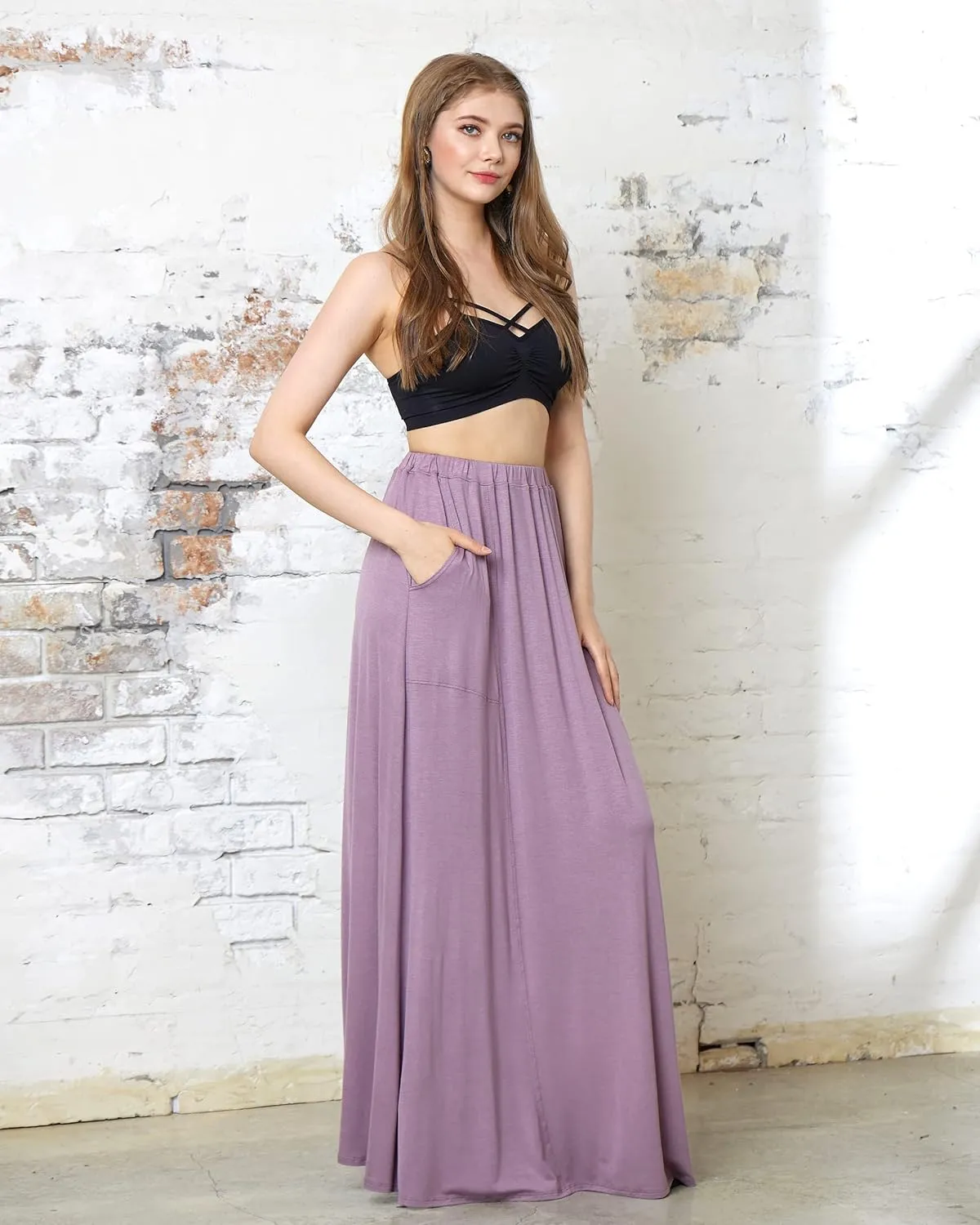 noflik Women's Elastic High Waisted Boho Long Maxi Skirts with Side Slits and Pockets