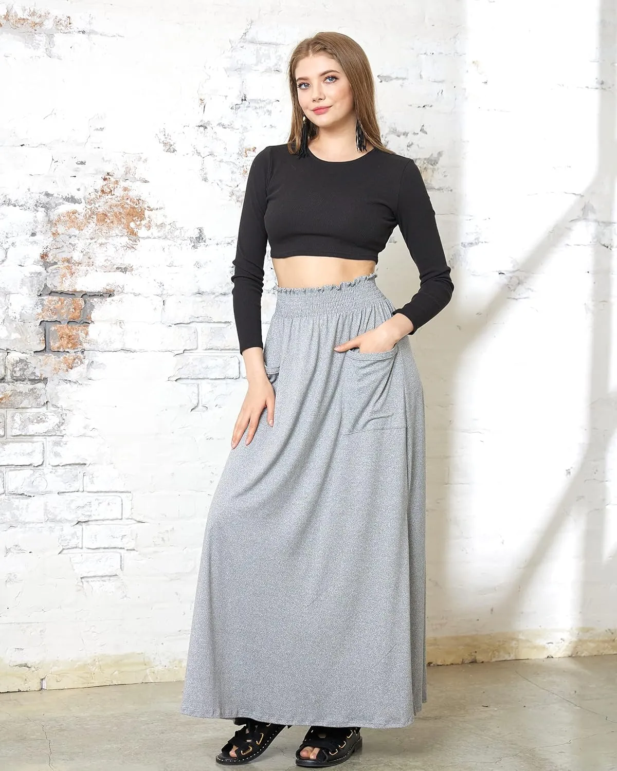 noflik Women's Elastic High Waisted Boho Long Maxi Skirts with Side Slits and Pockets