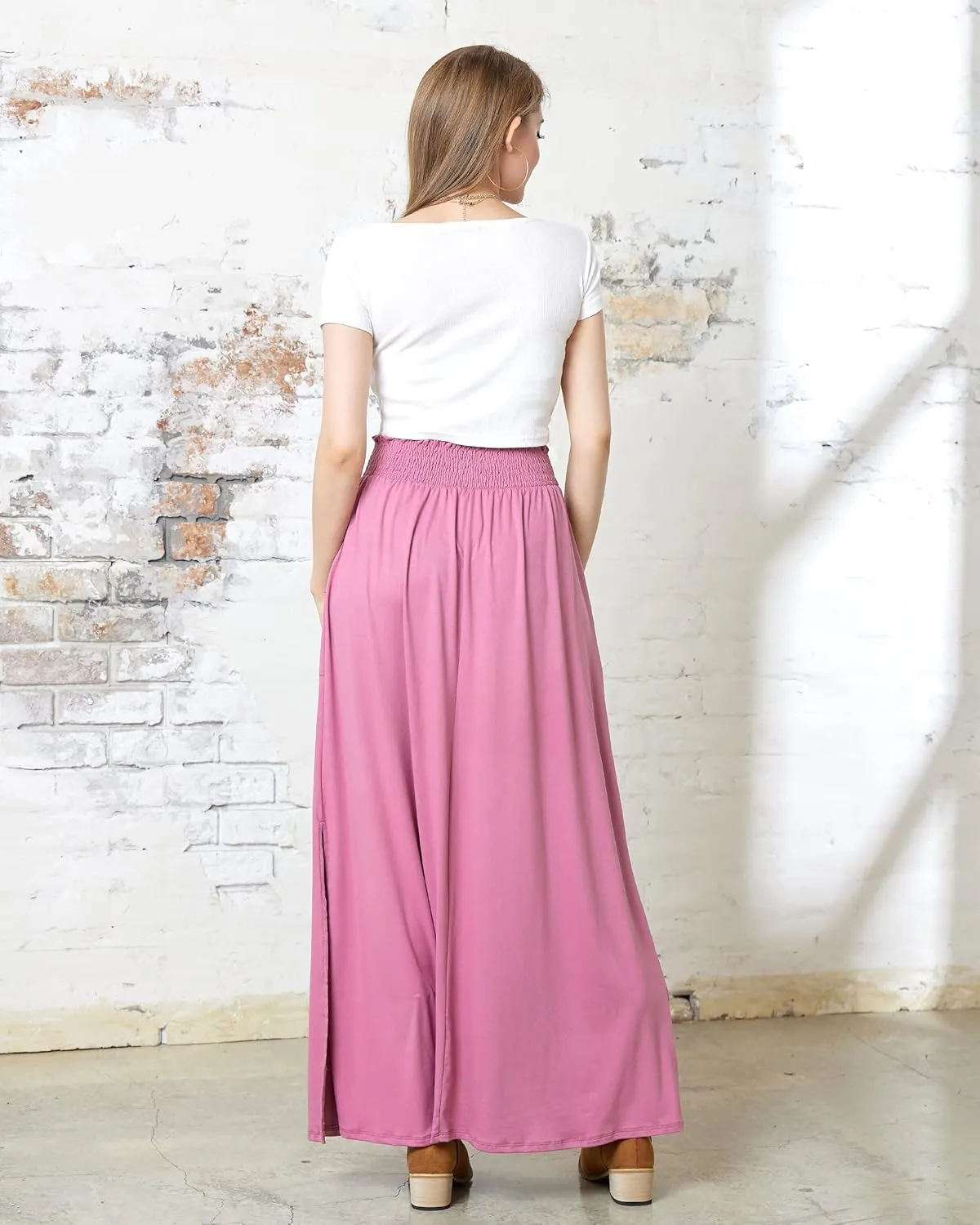 noflik Women's Elastic High Waisted Boho Long Maxi Skirts with Side Slits and Pockets