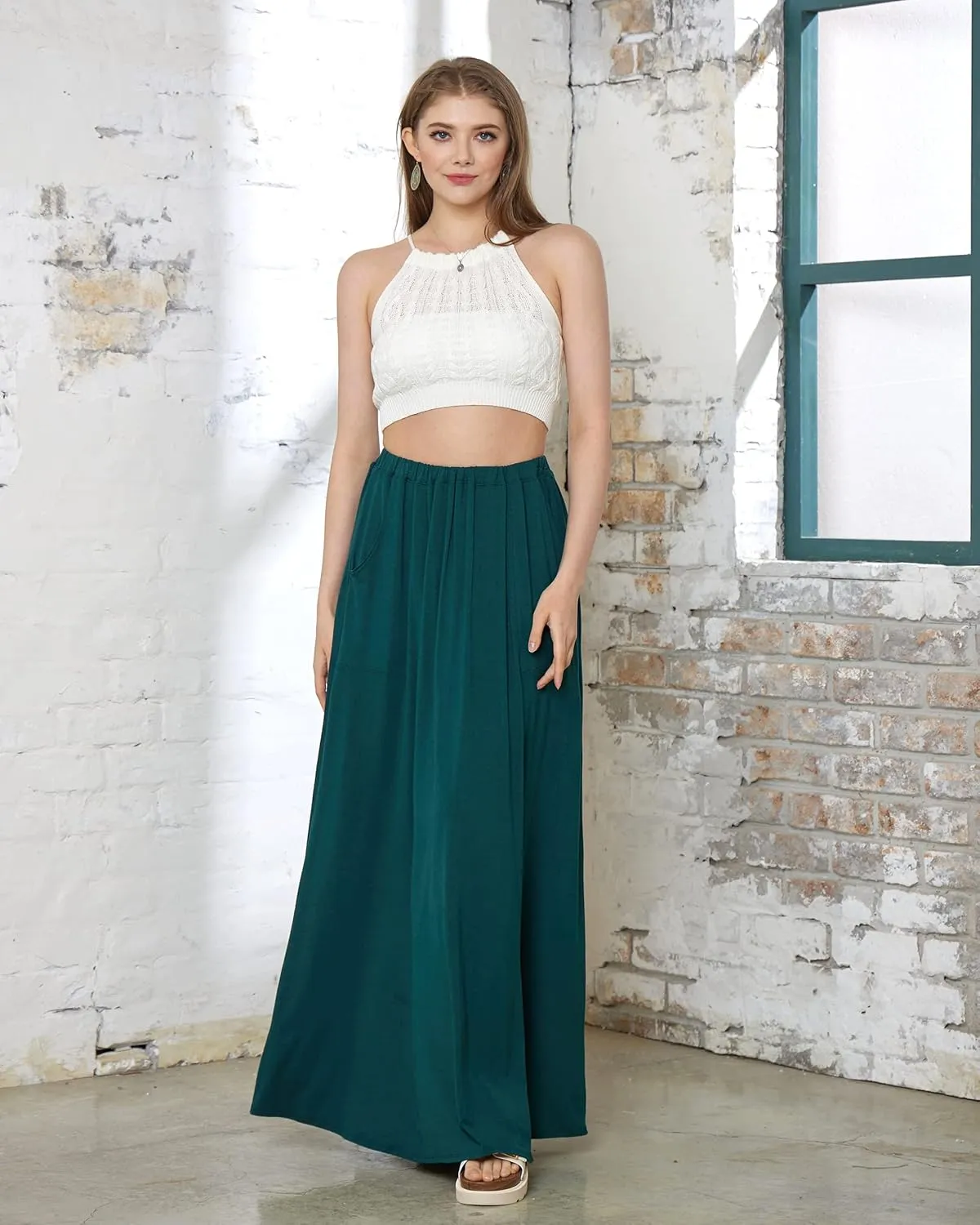 noflik Women's Elastic High Waisted Boho Long Maxi Skirts with Side Slits and Pockets
