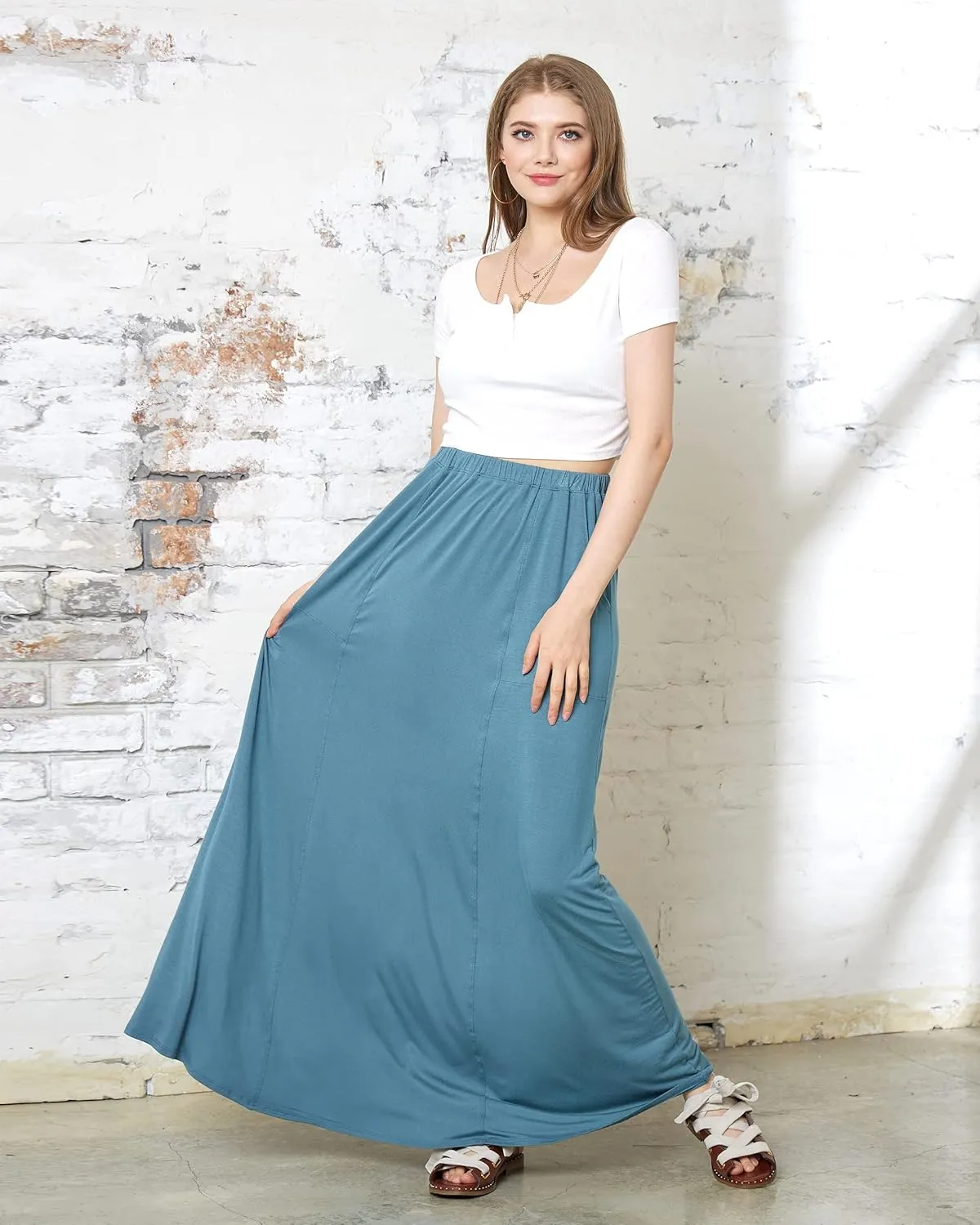 noflik Women's Elastic High Waisted Boho Long Maxi Skirts with Side Slits and Pockets