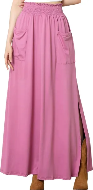 noflik Women's Elastic High Waisted Boho Long Maxi Skirts with Side Slits and Pockets