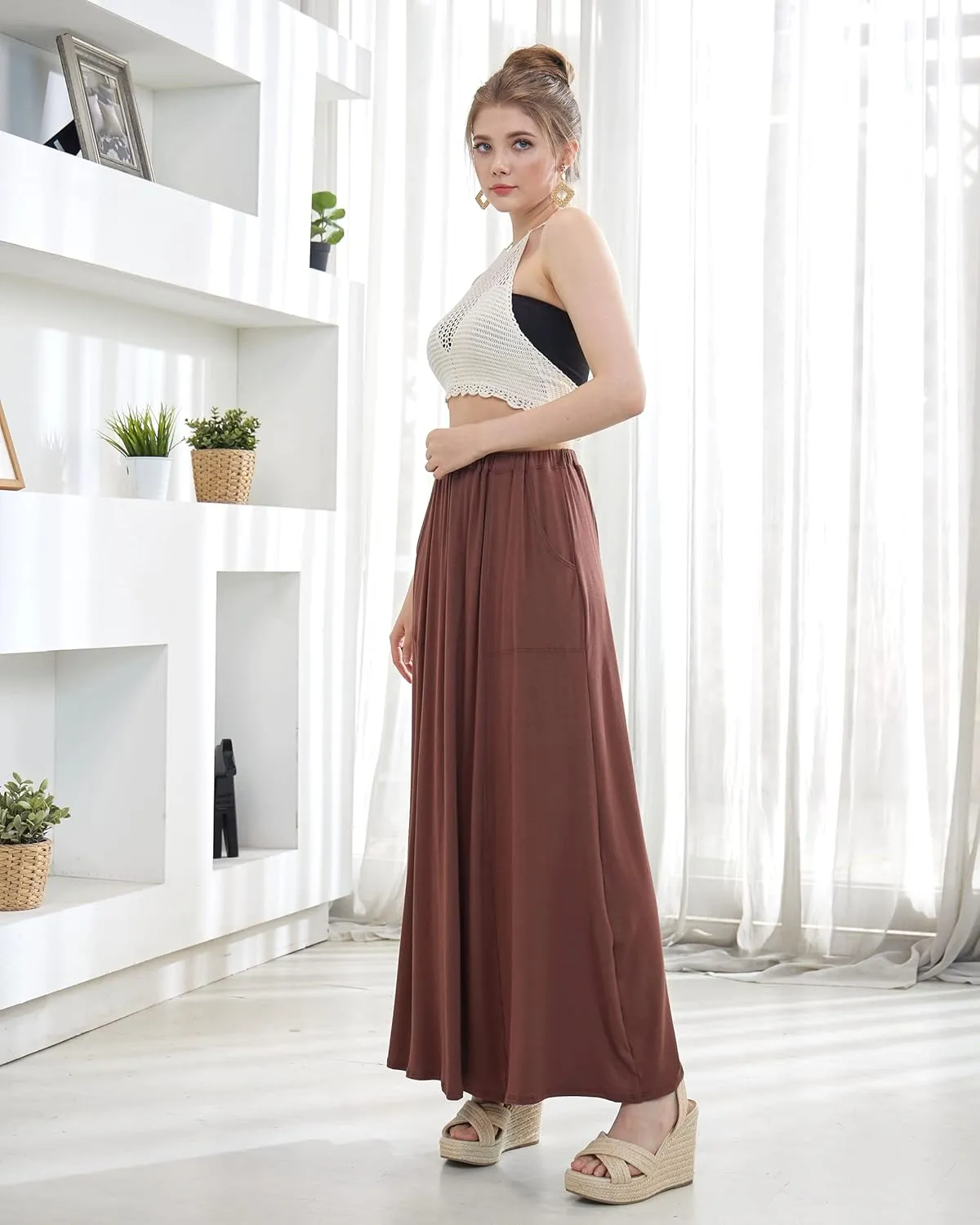 noflik Women's Elastic High Waisted Boho Long Maxi Skirts with Side Slits and Pockets