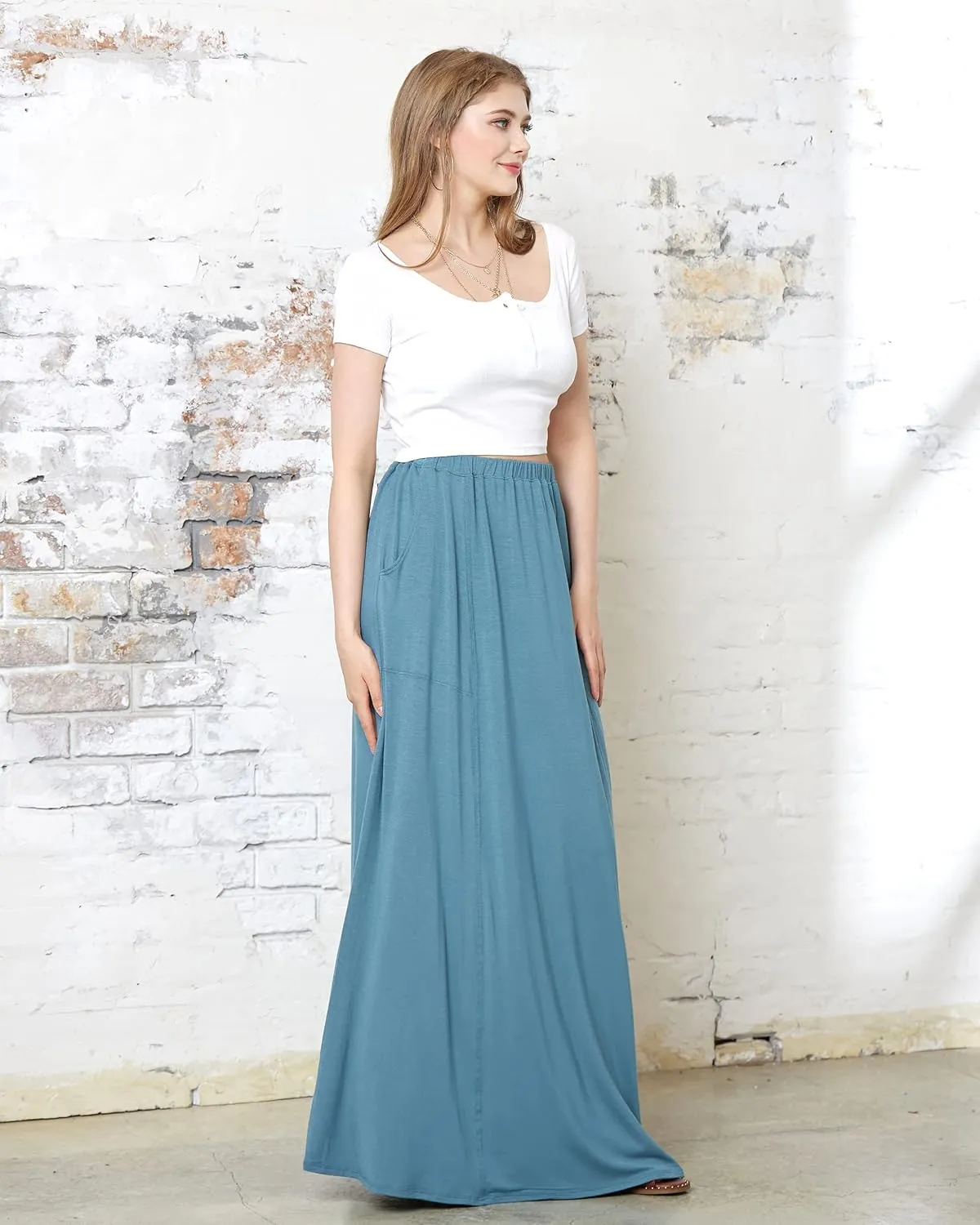 noflik Women's Elastic High Waisted Boho Long Maxi Skirts with Side Slits and Pockets
