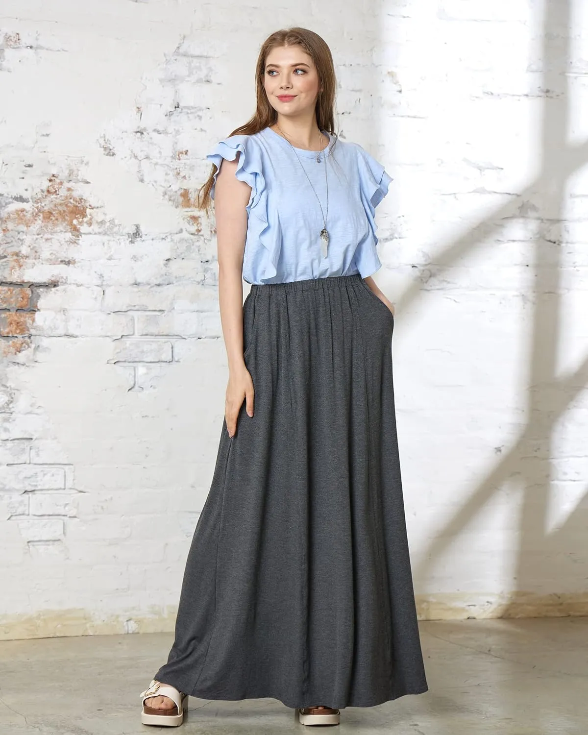 noflik Women's Elastic High Waisted Boho Long Maxi Skirts with Side Slits and Pockets