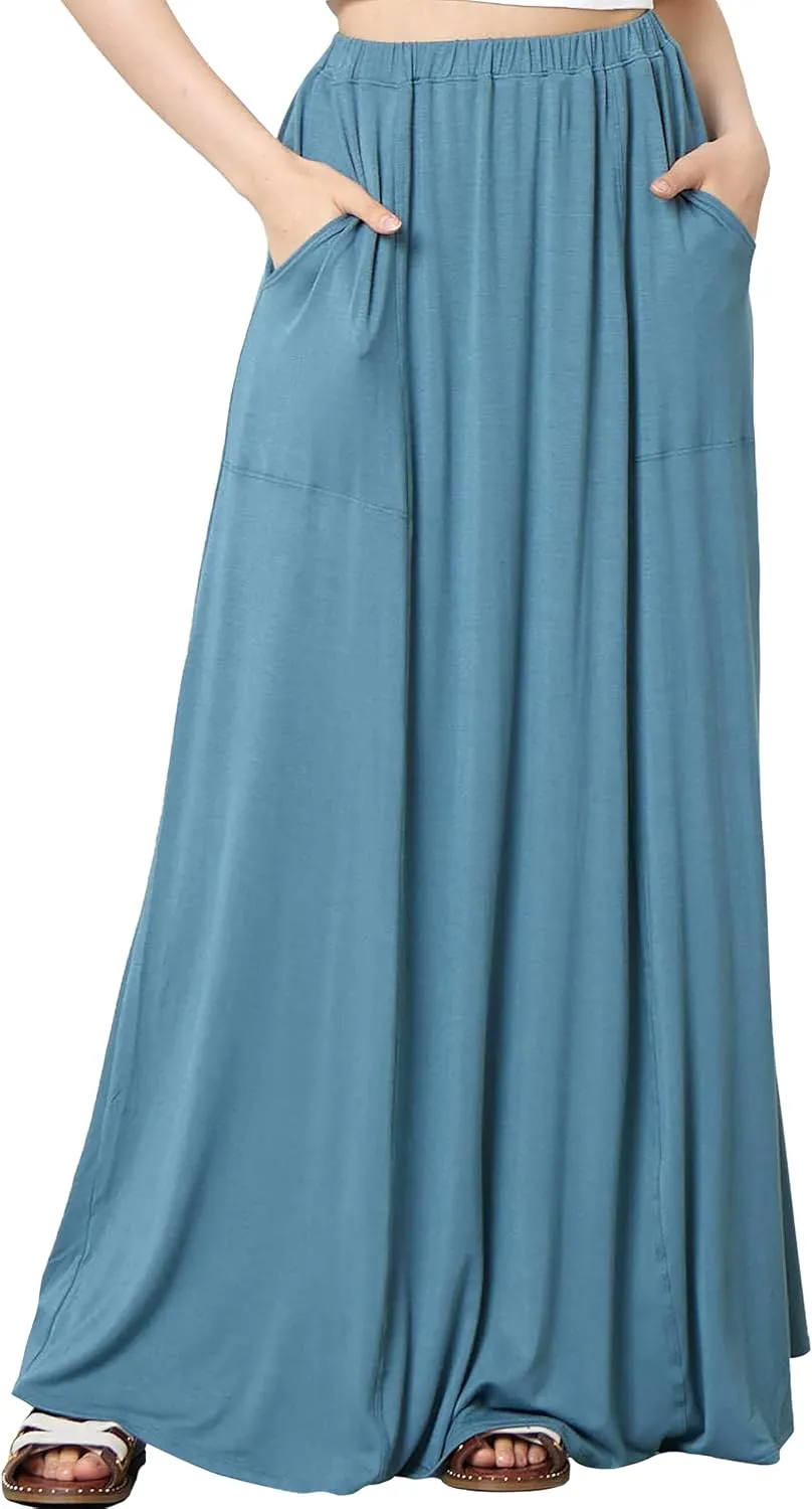 noflik Women's Elastic High Waisted Boho Long Maxi Skirts with Side Slits and Pockets
