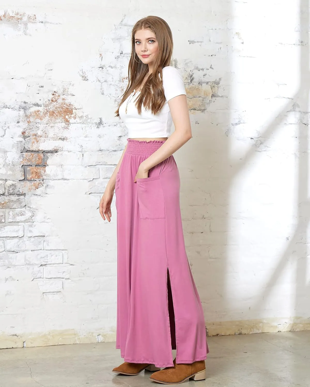 noflik Women's Elastic High Waisted Boho Long Maxi Skirts with Side Slits and Pockets