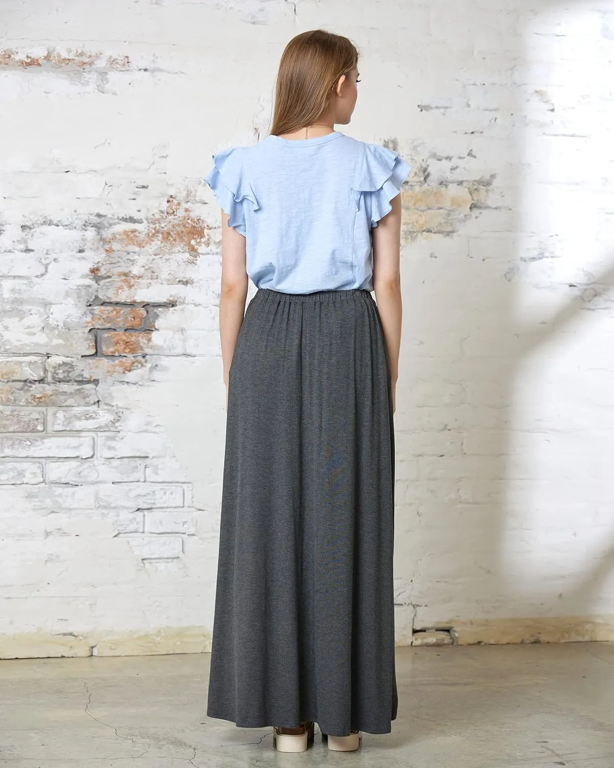 noflik Women's Elastic High Waisted Boho Long Maxi Skirts with Side Slits and Pockets