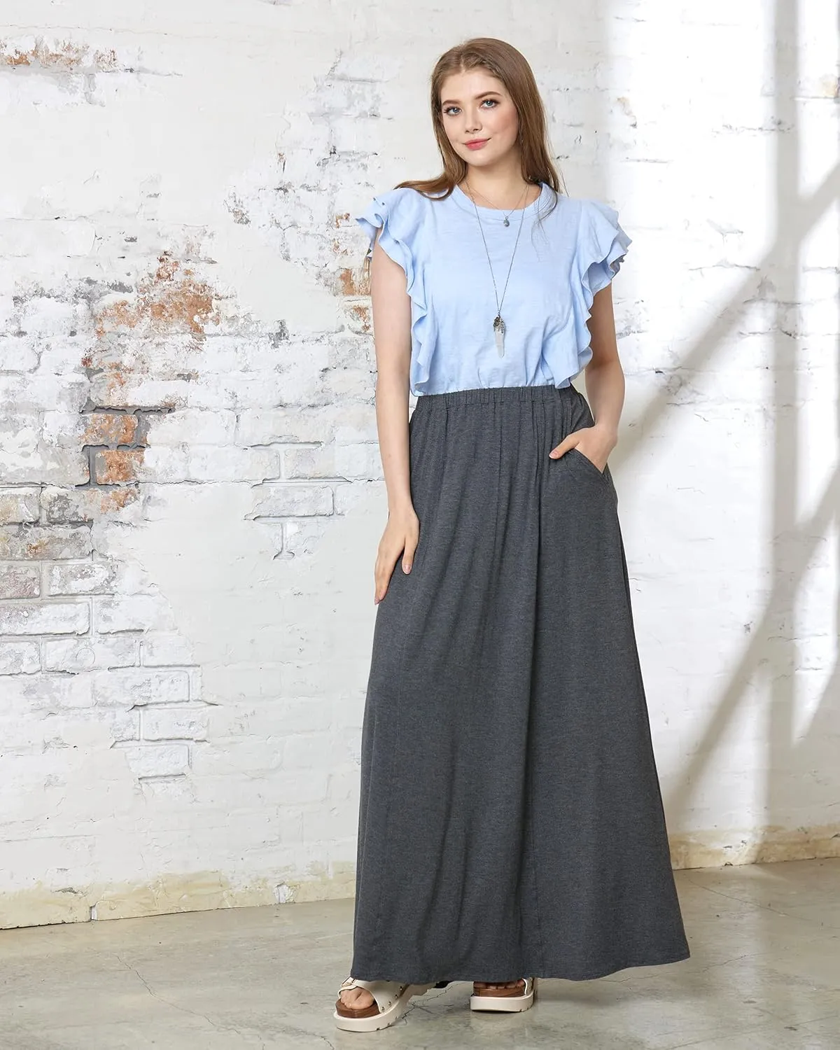 noflik Women's Elastic High Waisted Boho Long Maxi Skirts with Side Slits and Pockets