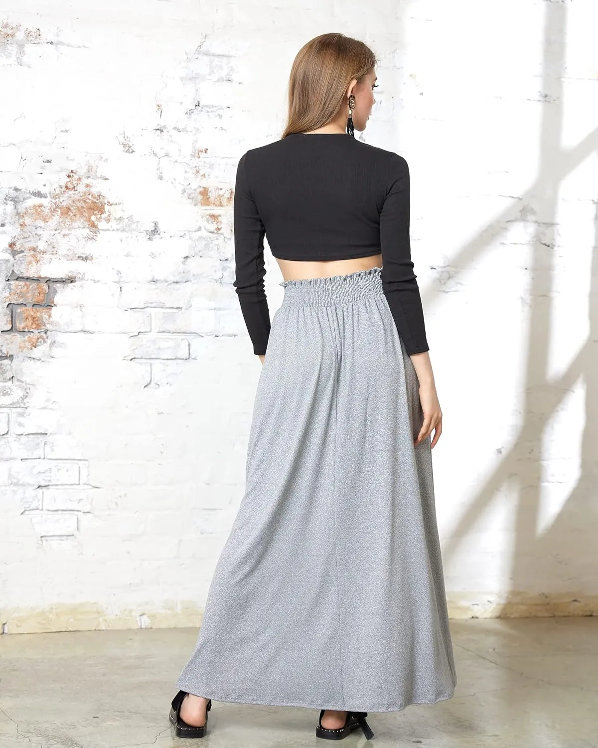 noflik Women's Elastic High Waisted Boho Long Maxi Skirts with Side Slits and Pockets