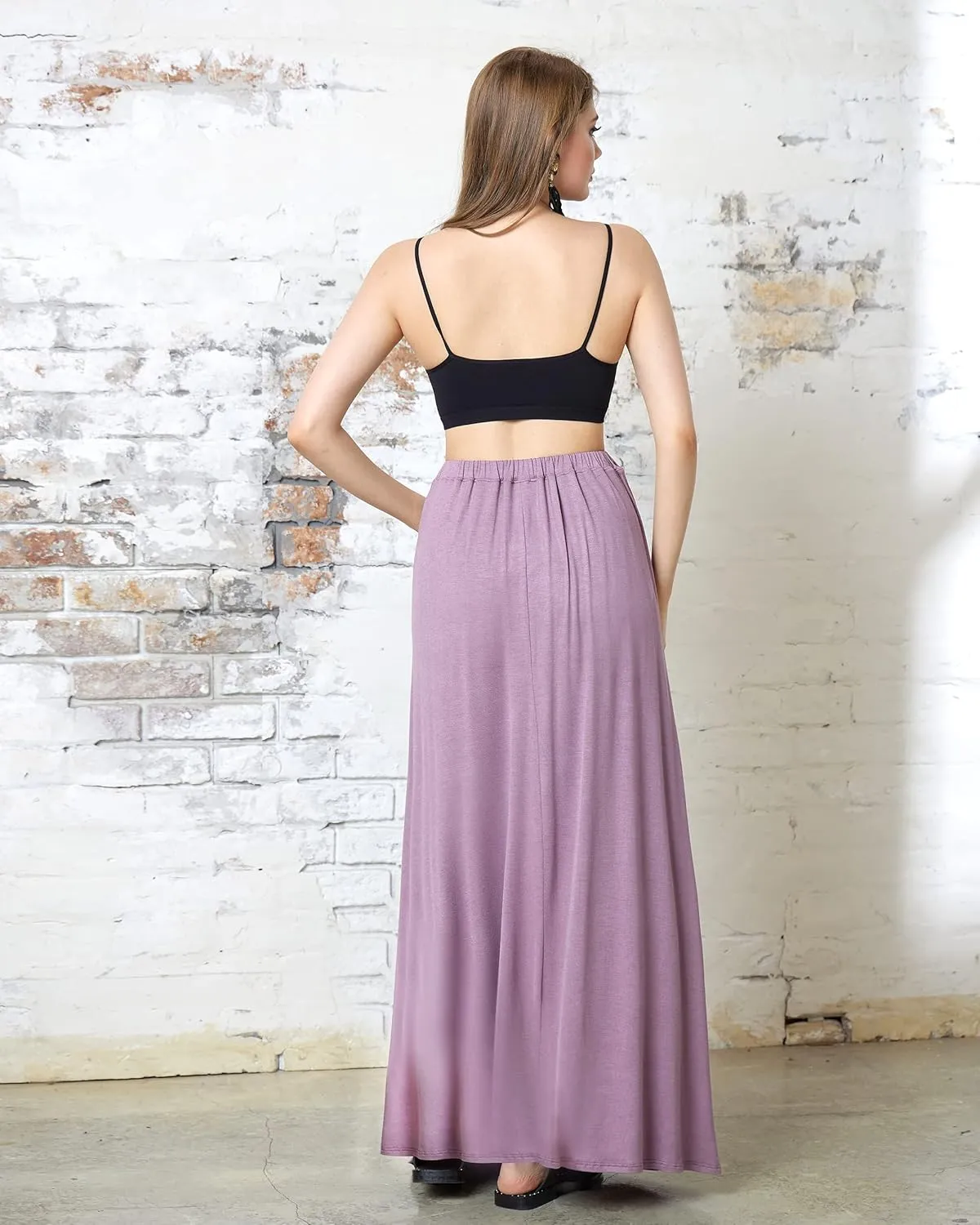 noflik Women's Elastic High Waisted Boho Long Maxi Skirts with Side Slits and Pockets
