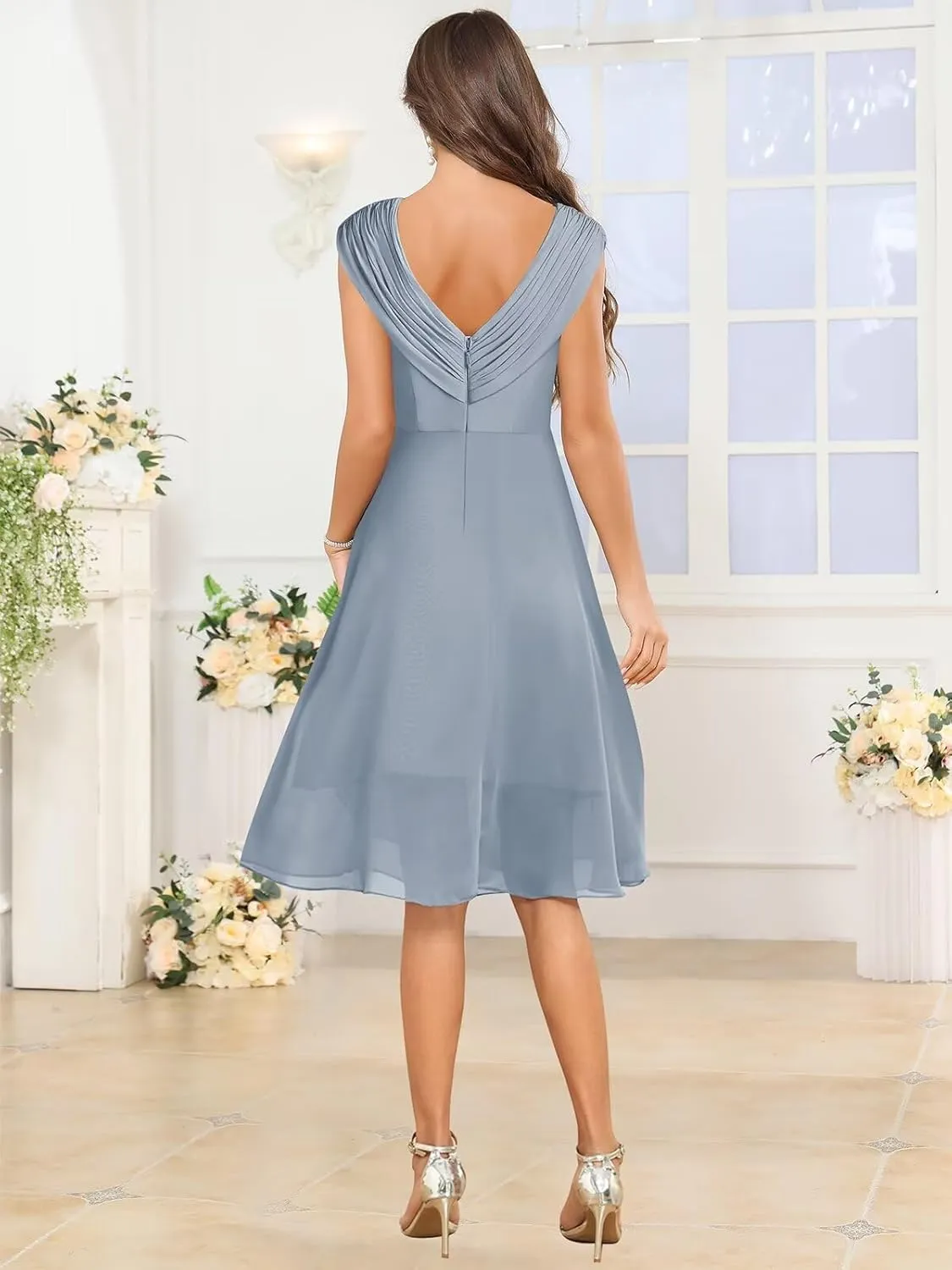 OFEYCHUN Cap Sleeves Mother of The Bride Dresses for Women Chiffon Ruffle Short Formal Evening Gown
