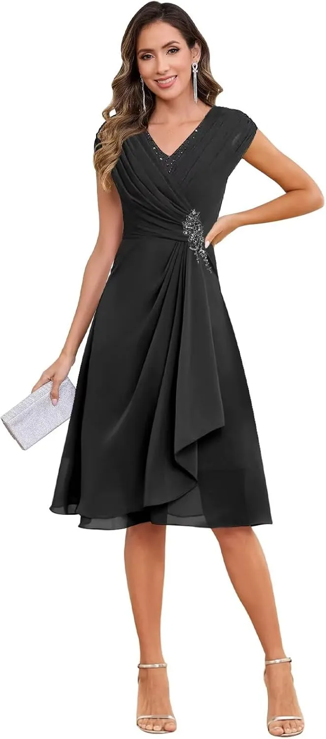 OFEYCHUN Cap Sleeves Mother of The Bride Dresses for Women Chiffon Ruffle Short Formal Evening Gown