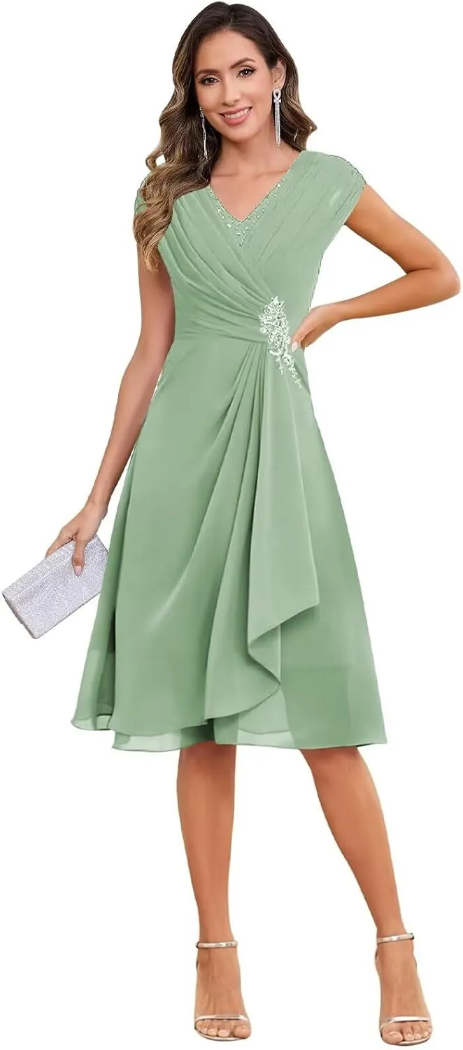 OFEYCHUN Cap Sleeves Mother of The Bride Dresses for Women Chiffon Ruffle Short Formal Evening Gown