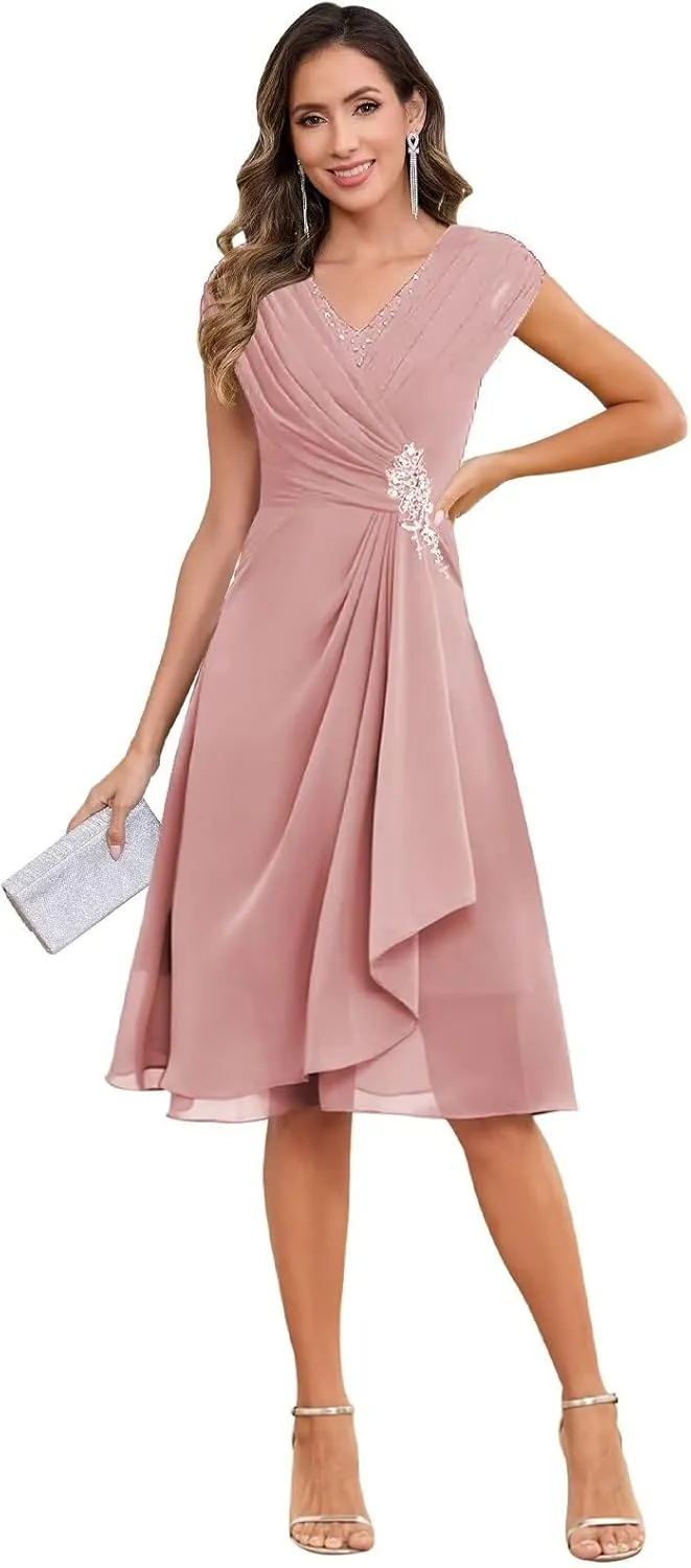 OFEYCHUN Cap Sleeves Mother of The Bride Dresses for Women Chiffon Ruffle Short Formal Evening Gown