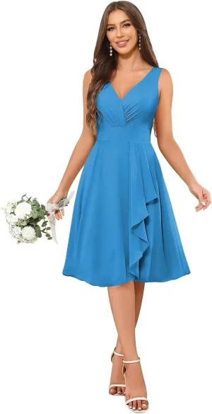 OFEYCHUN Short Bridesmaid Dresses for Women Ruffle Chiffon Evening Gowns V Neck Formal Dress