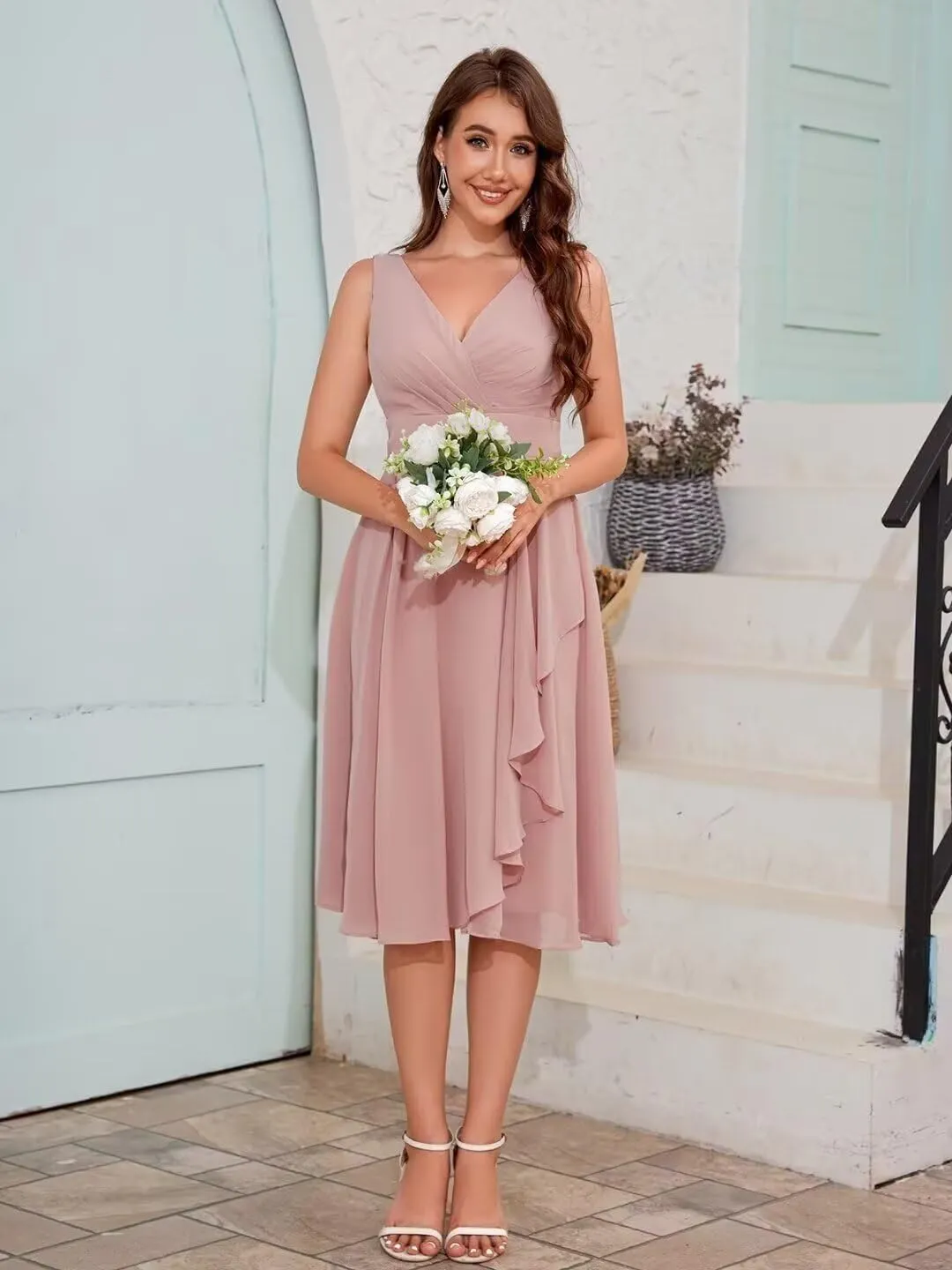 OFEYCHUN Short Bridesmaid Dresses for Women Ruffle Chiffon Evening Gowns V Neck Formal Dress