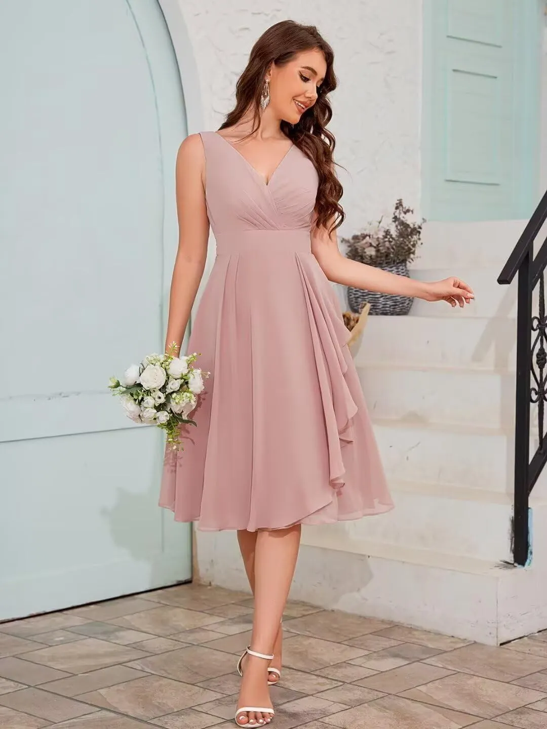 OFEYCHUN Short Bridesmaid Dresses for Women Ruffle Chiffon Evening Gowns V Neck Formal Dress