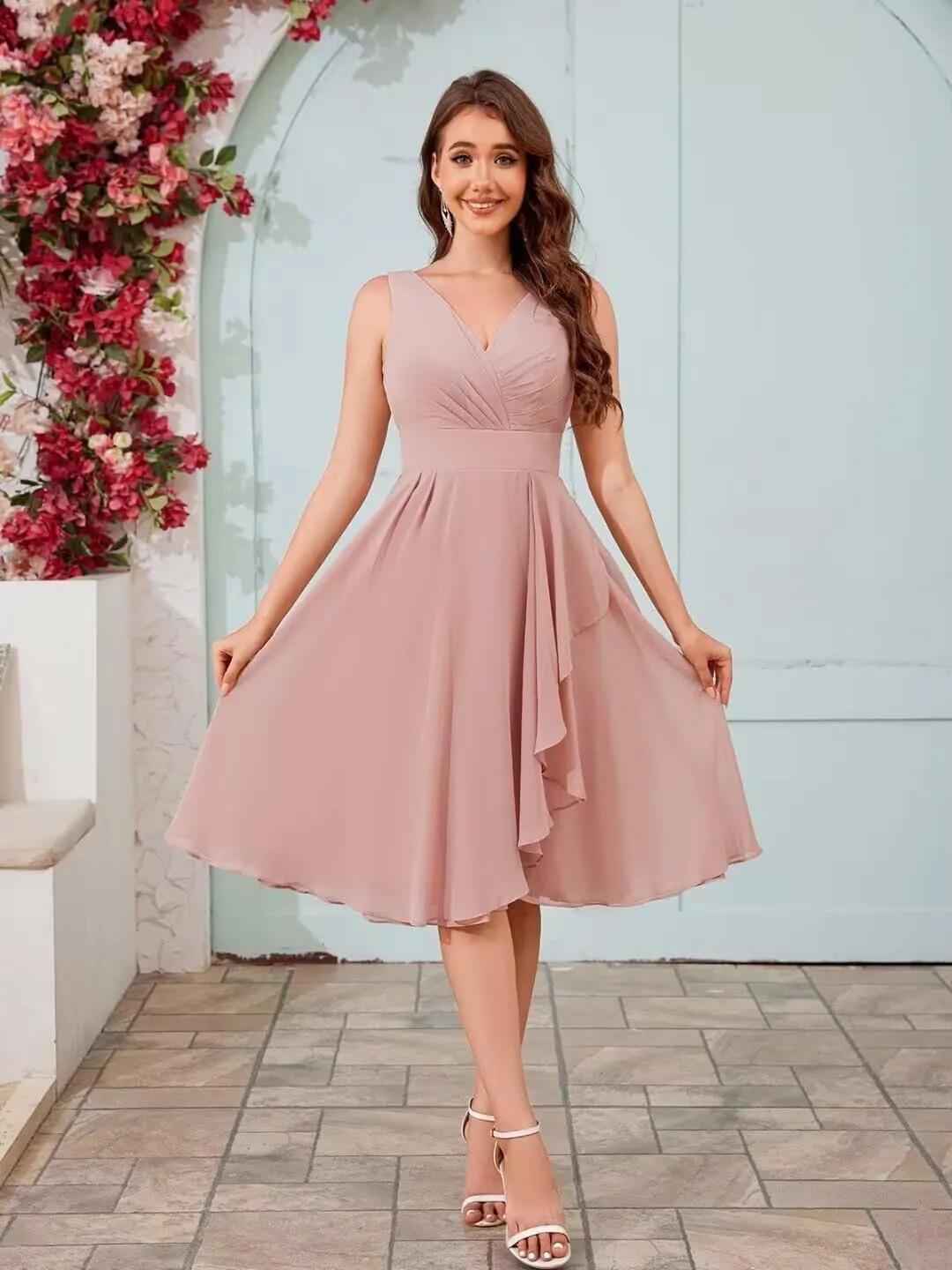 OFEYCHUN Short Bridesmaid Dresses for Women Ruffle Chiffon Evening Gowns V Neck Formal Dress