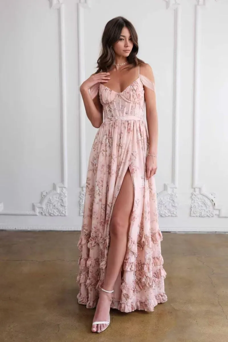 Off Shoulder Floral Bridesmaid Dresses for Wedding 2025 Spaghetti Straps Formal Dress Chiffon Prom Dress