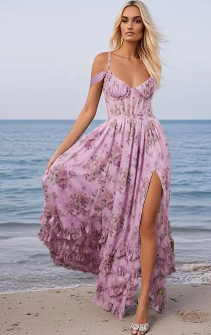Off Shoulder Floral Bridesmaid Dresses for Wedding 2025 Spaghetti Straps Formal Dress Chiffon Prom Dress