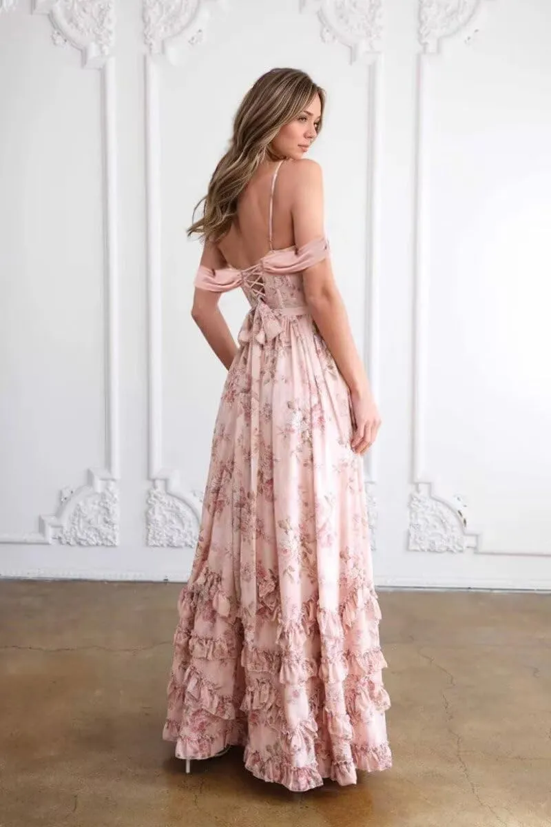 Off Shoulder Floral Bridesmaid Dresses for Wedding 2025 Spaghetti Straps Formal Dress Chiffon Prom Dress
