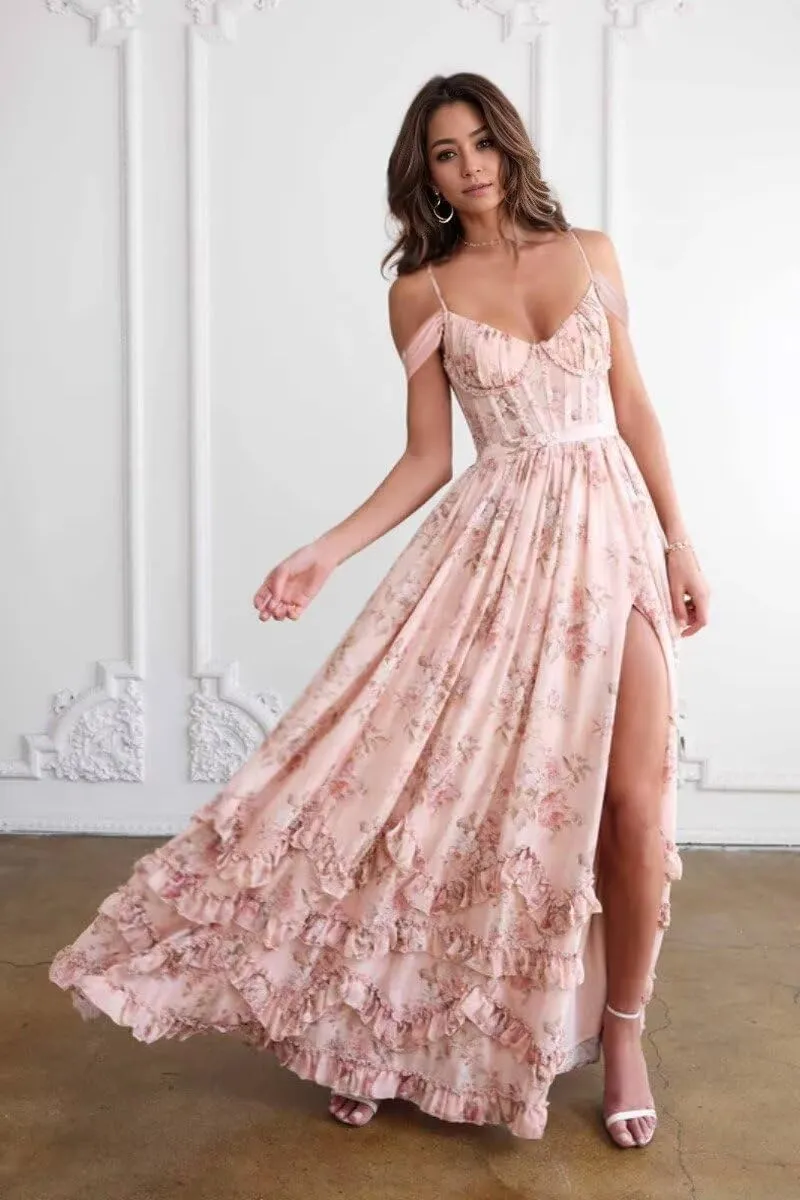 Off Shoulder Floral Bridesmaid Dresses for Wedding 2025 Spaghetti Straps Formal Dress Chiffon Prom Dress