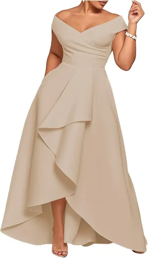 Off The Shoulder Mother of The Bride Dresses with Pockets High-Low V Neck A Line Evening Party Dresses with Ruffle