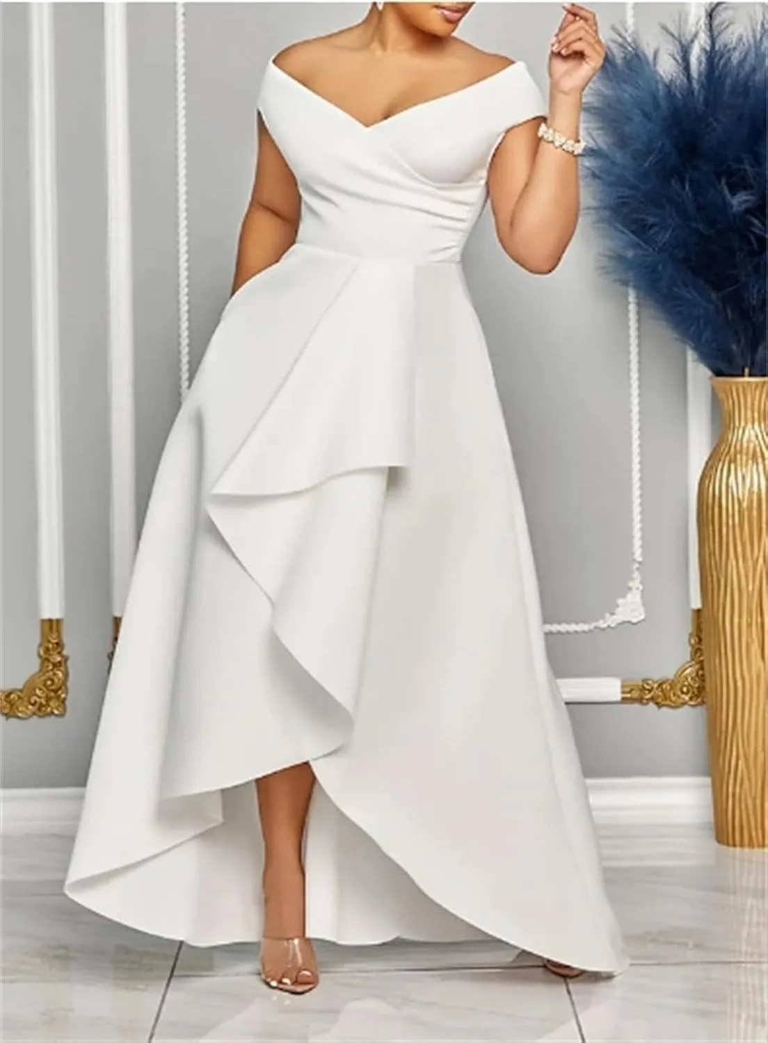Off The Shoulder Mother of The Bride Dresses with Pockets High-Low V Neck A Line Evening Party Dresses with Ruffle