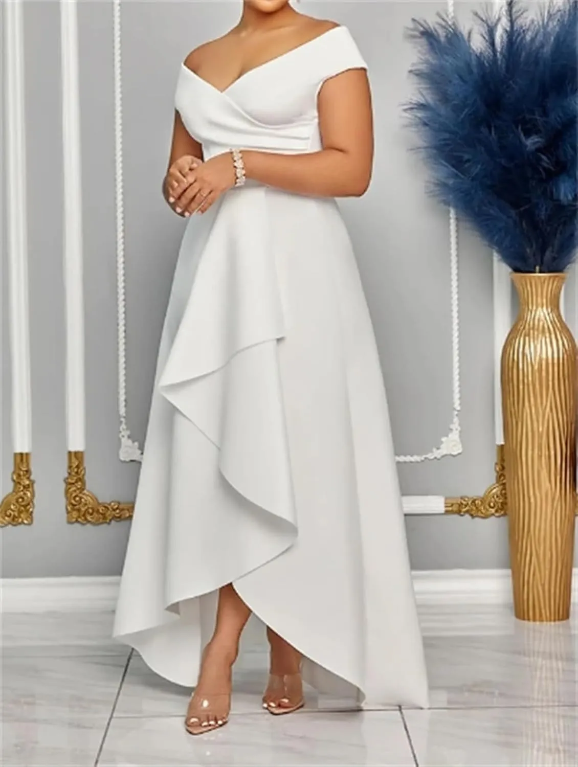 Off The Shoulder Mother of The Bride Dresses with Pockets High-Low V Neck A Line Evening Party Dresses with Ruffle